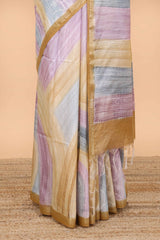 Multi color stripes chikankari cotton saree with thread work and self pallu