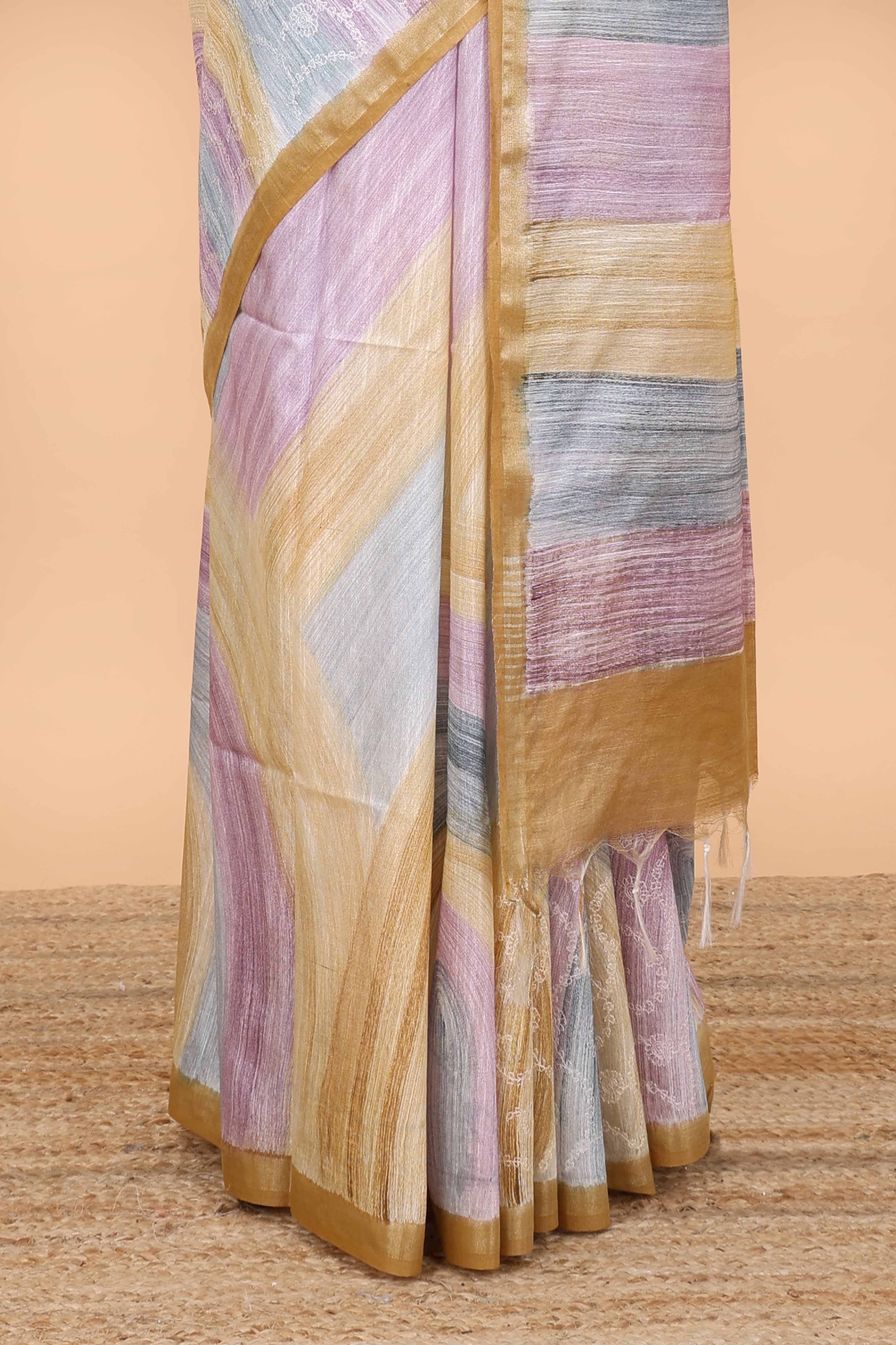 Multi color stripes chikankari cotton saree with thread work and self pallu