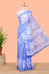 Blue linen cotton floral and birds print saree with self border and matching printed blouse
