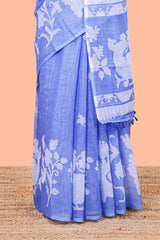 Blue linen cotton floral and birds print saree with self border and matching printed blouse