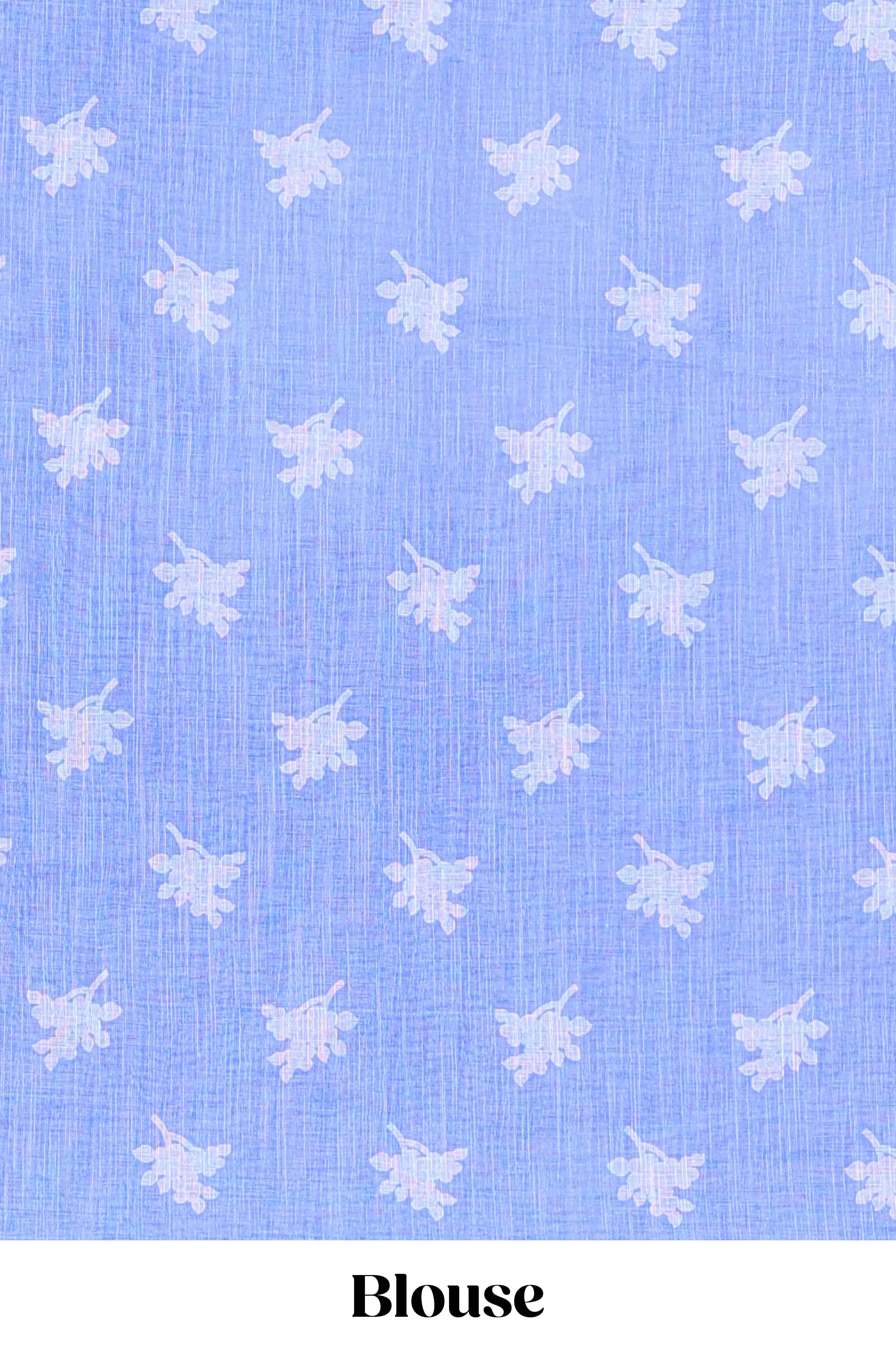 Blue linen cotton floral and birds print saree with self border and matching printed blouse