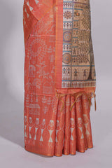 Orange warli printed semi tussar sareewith contrast warli printed pallu and matching blouse