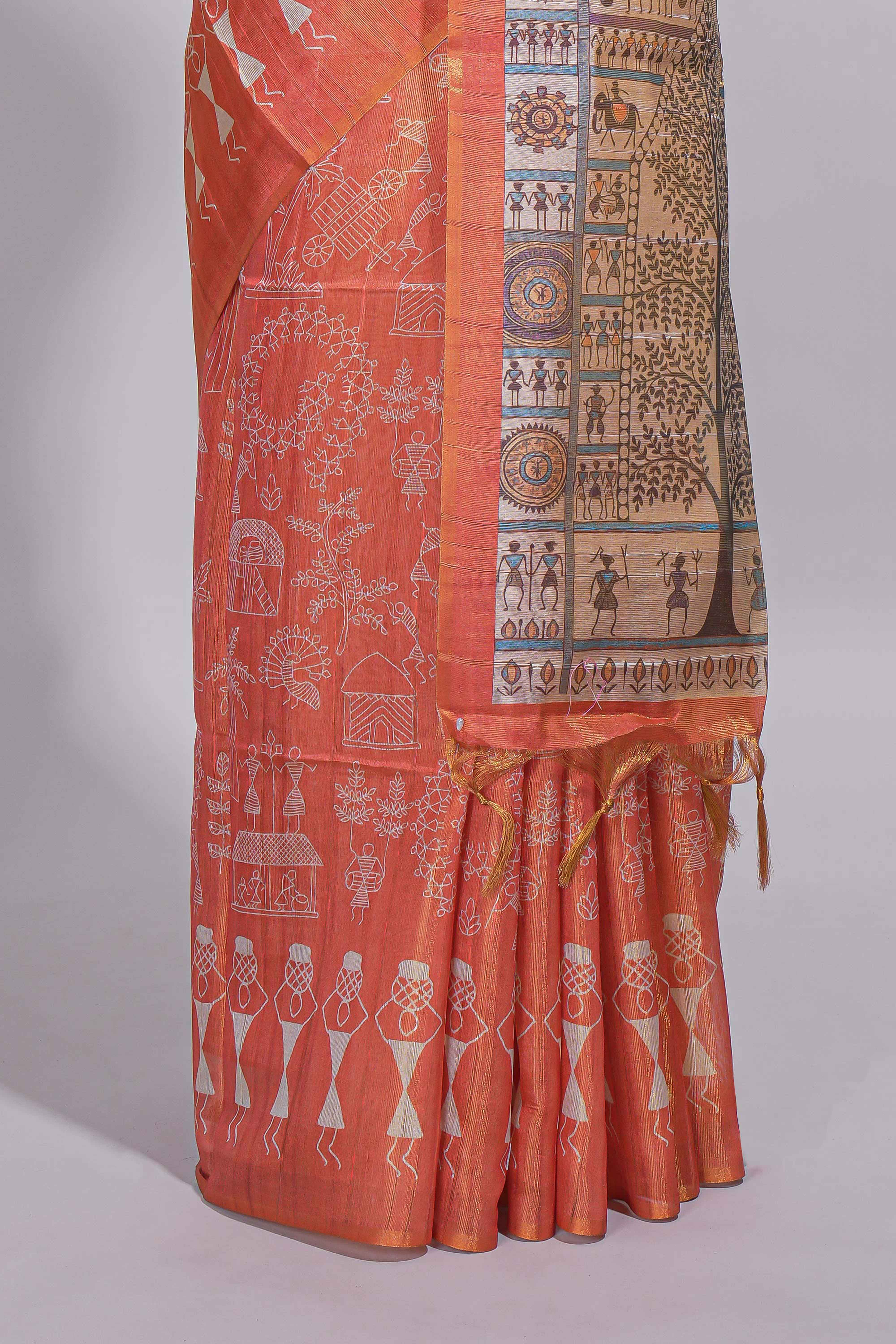 Orange warli printed semi tussar sareewith contrast warli printed pallu and matching blouse