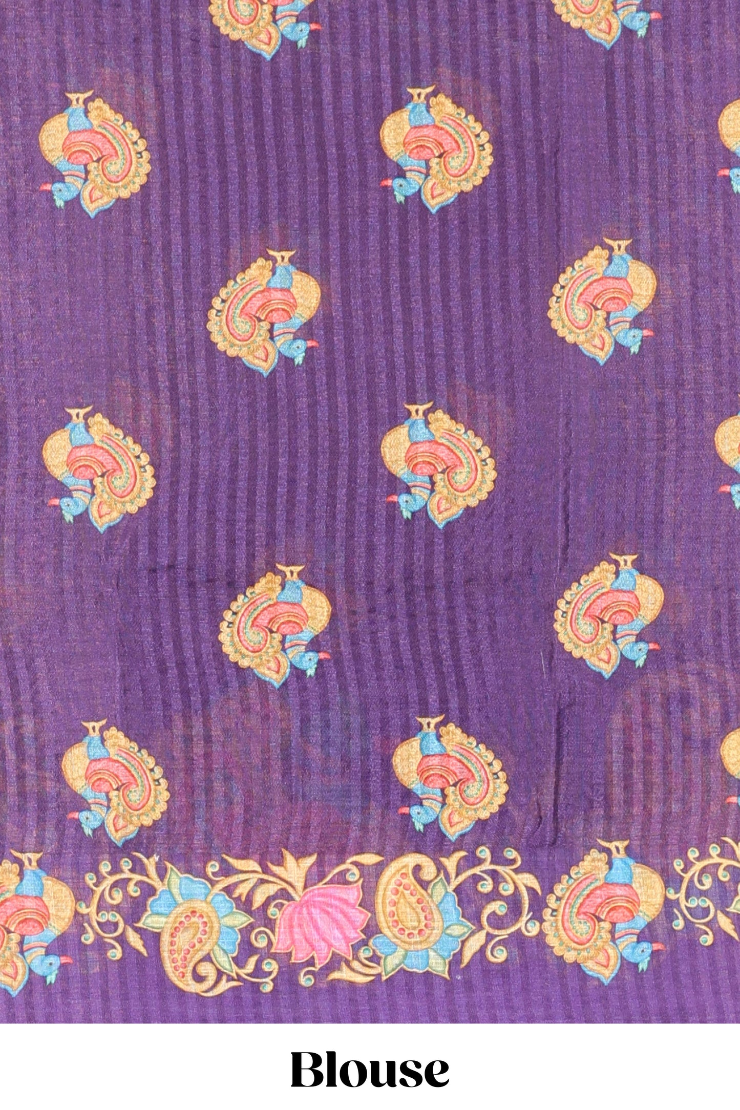 Violet tanjore painting style linen tussar saree with peacock & lotus motifs and printed pallu