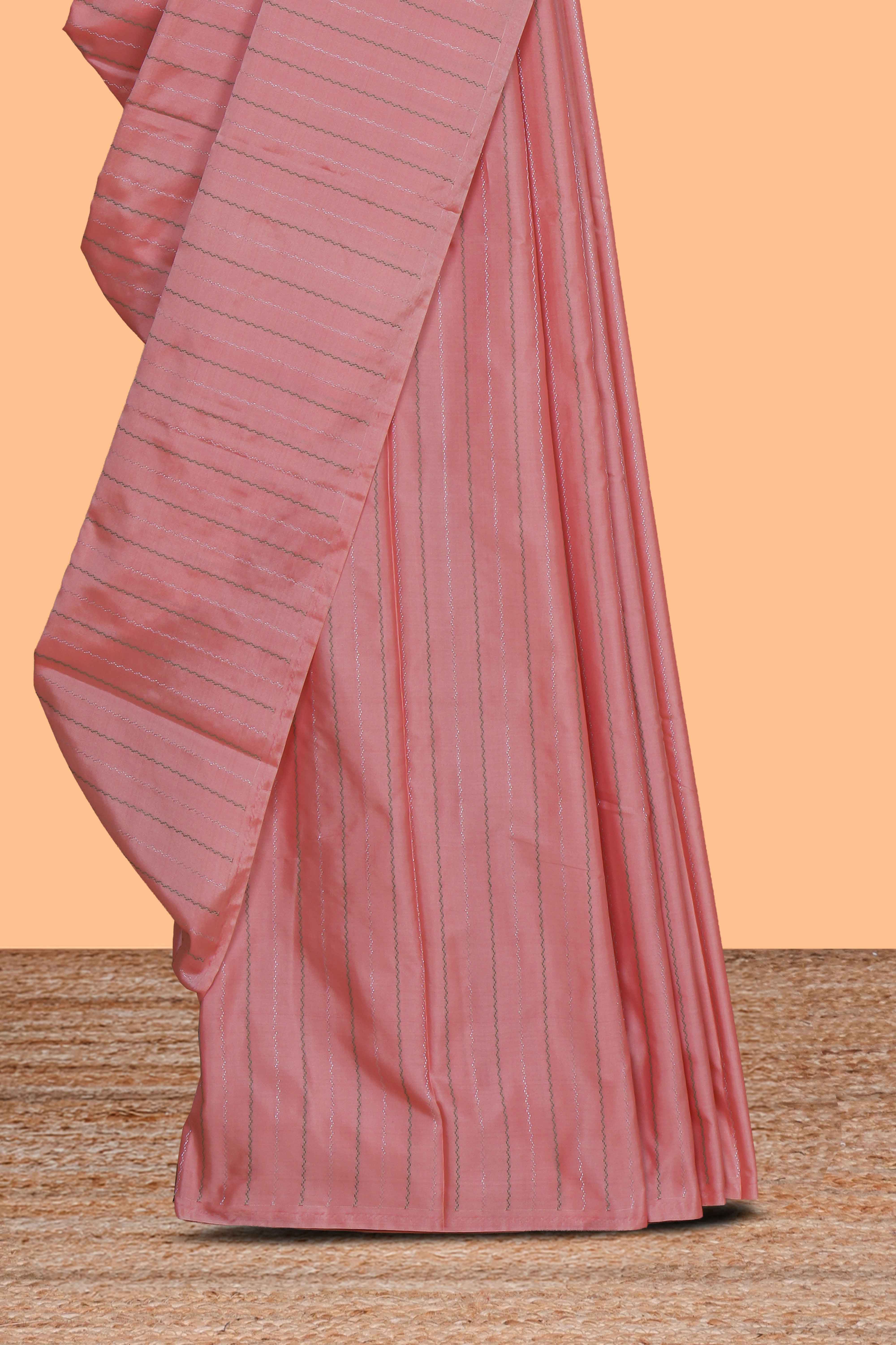 Borderless peach striped design arani gift saree with contrast pallu and plain blouse