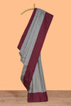 Grey striped design arani gift saree with contrast border and matching blouse