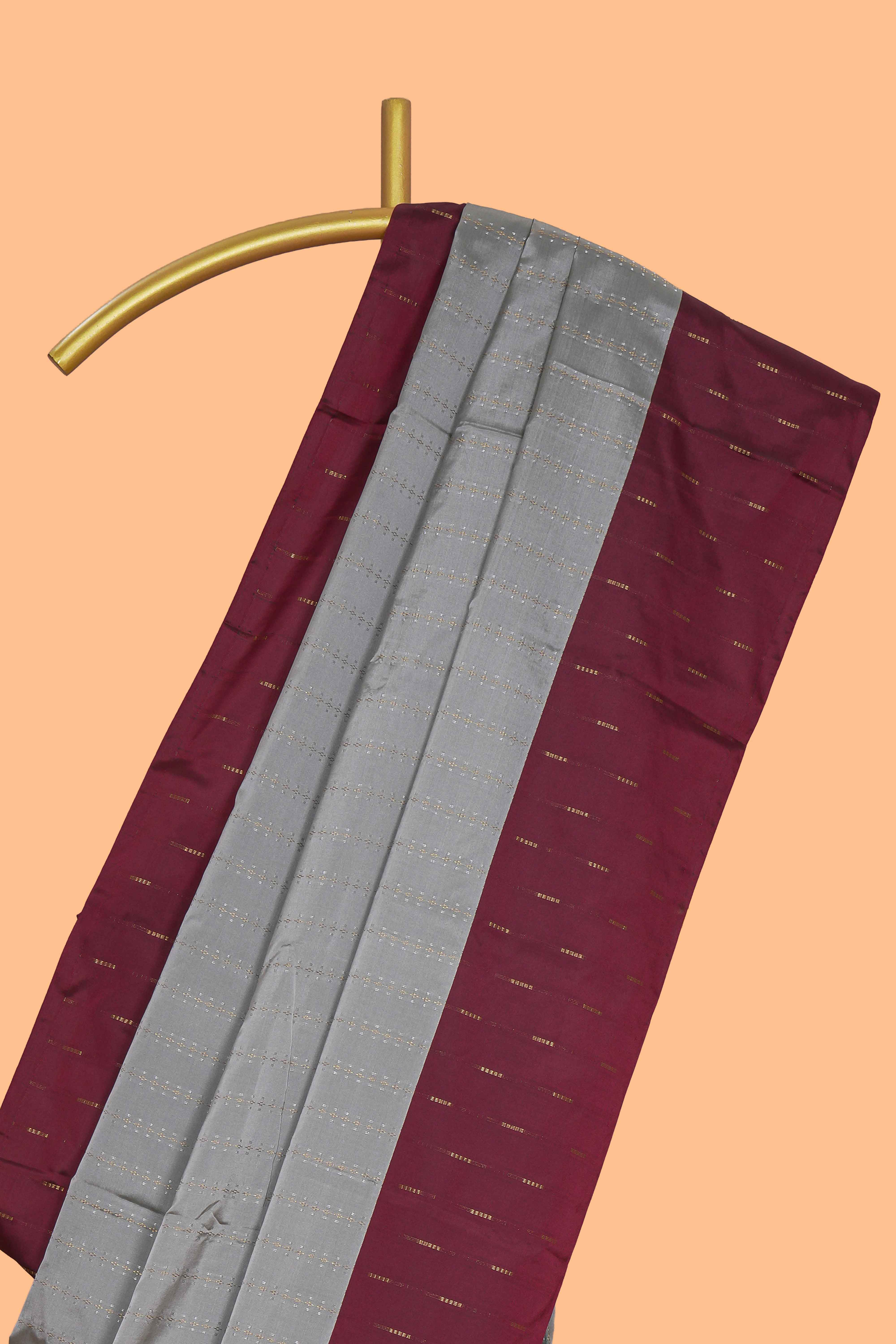 Grey striped design arani gift saree with contrast border and matching blouse