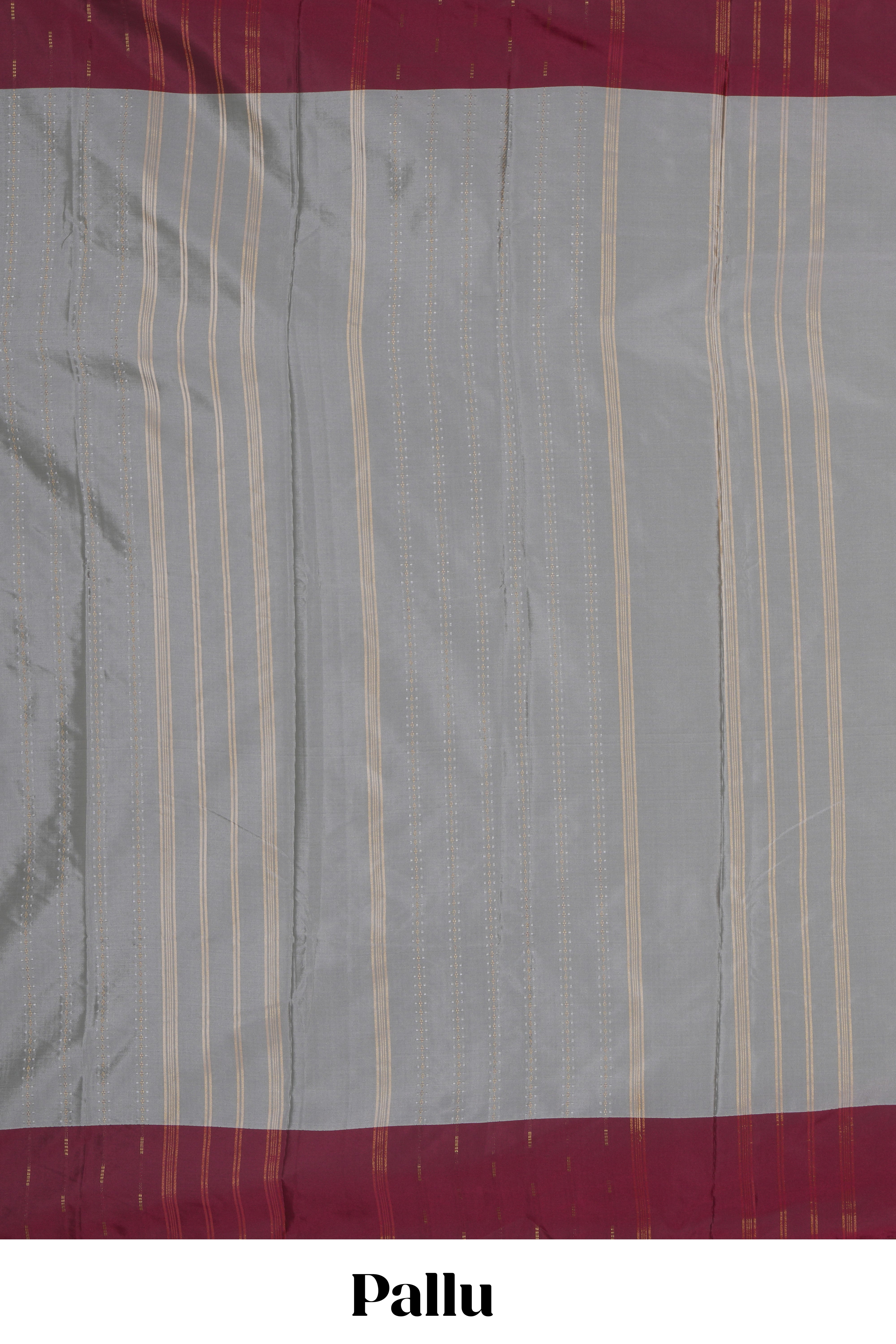 Grey striped design arani gift saree with contrast border and matching blouse