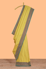 Yellow striped design arani gift saree with contrast border and plain blouse