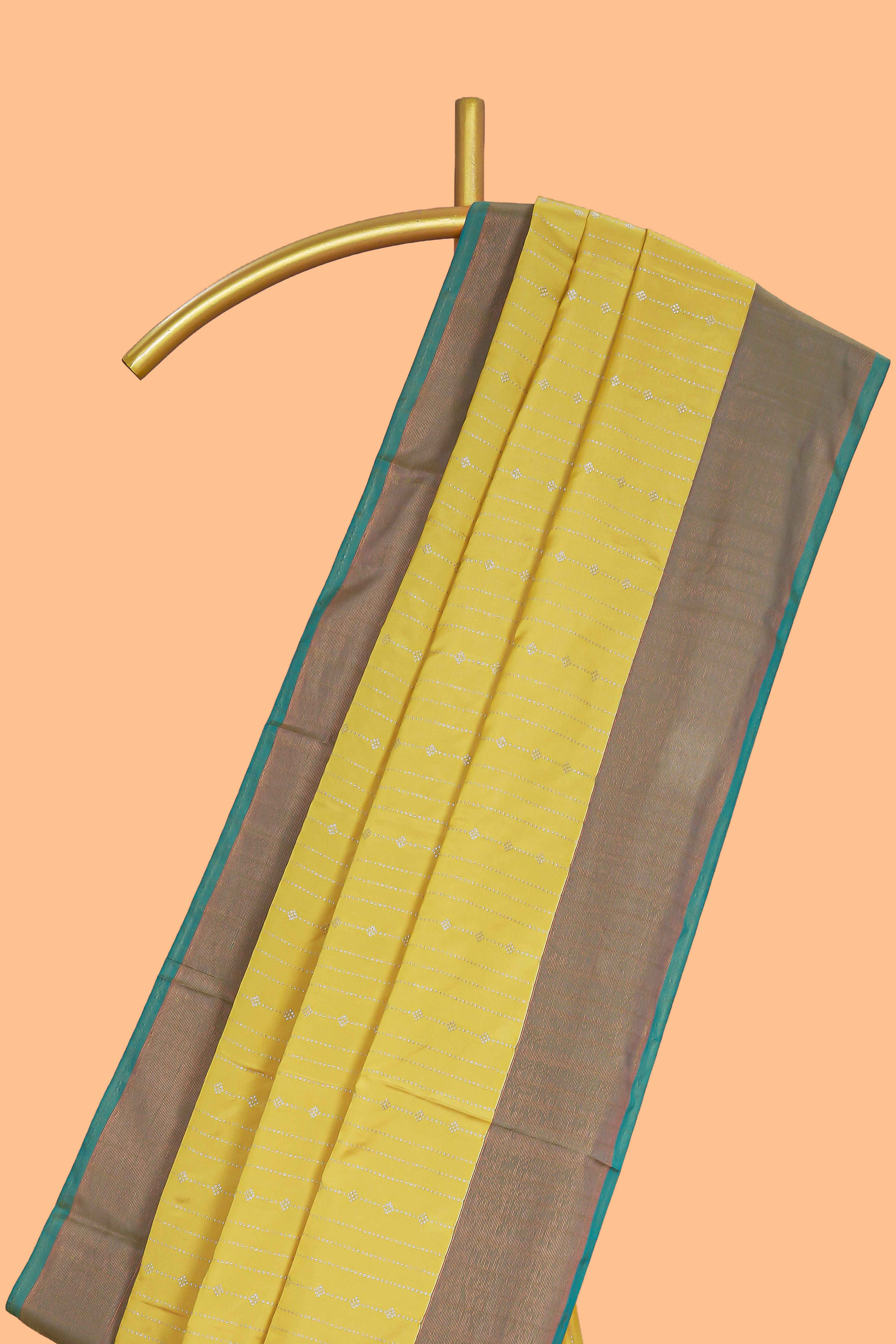 Yellow striped design arani gift saree with contrast border and plain blouse