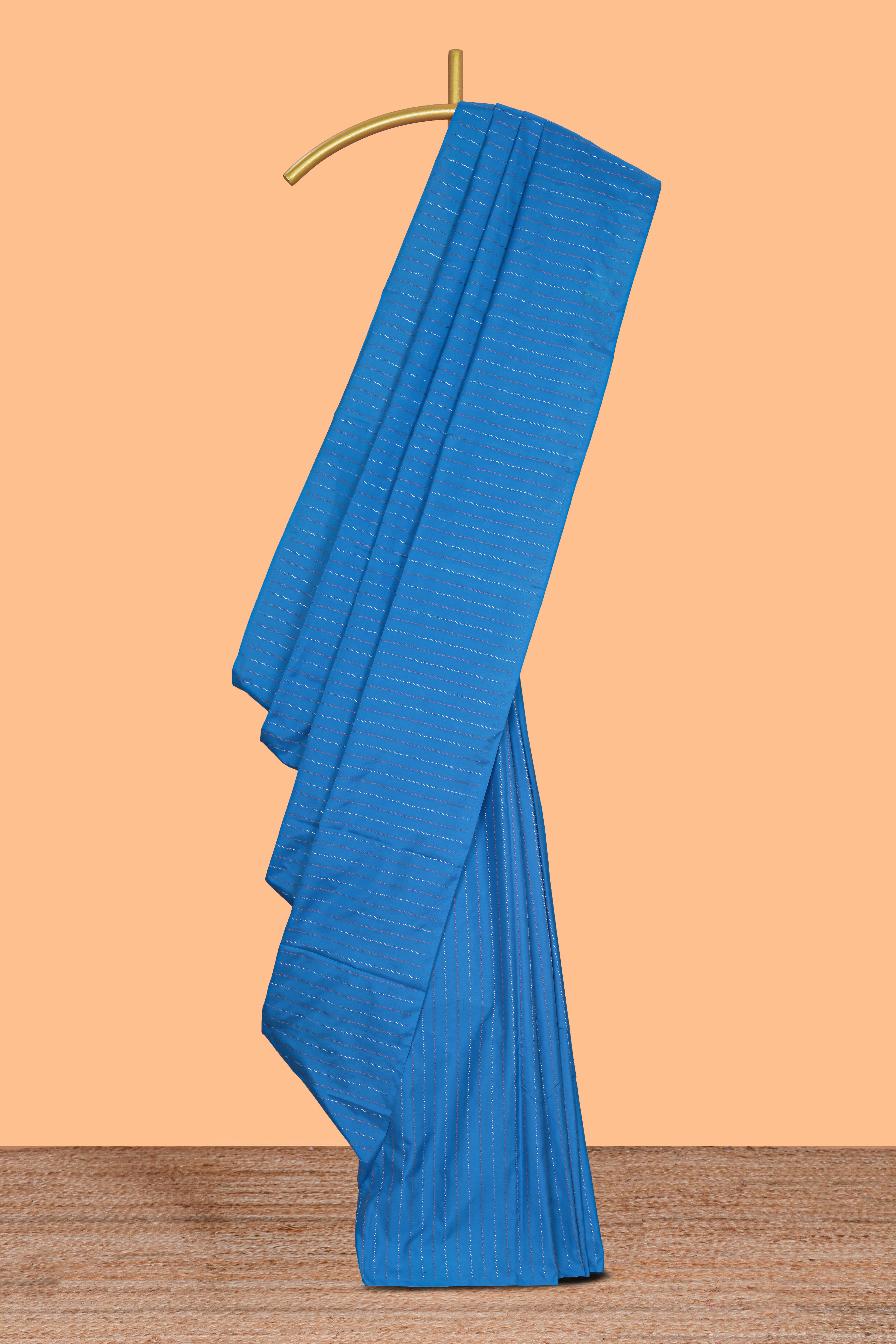 Borderless blue striped design arani gift saree with contrast pallu and plain blouse