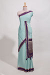 Light blue art mysore silk saree with retta petta contrast border and rich pallu with plain blouse