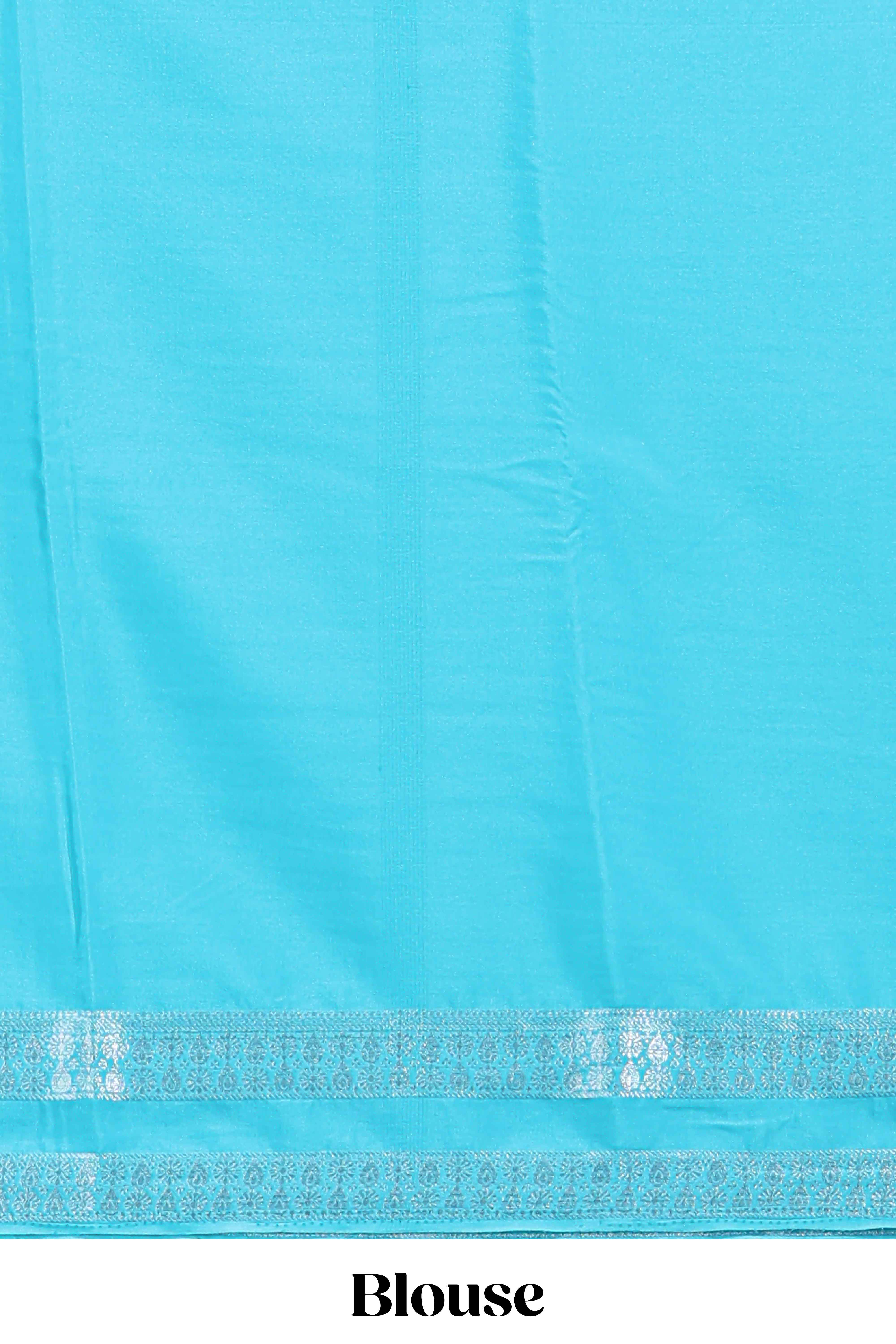 Blue art mysore silk saree with retta petta contrast border and rich pallu with plain blouse