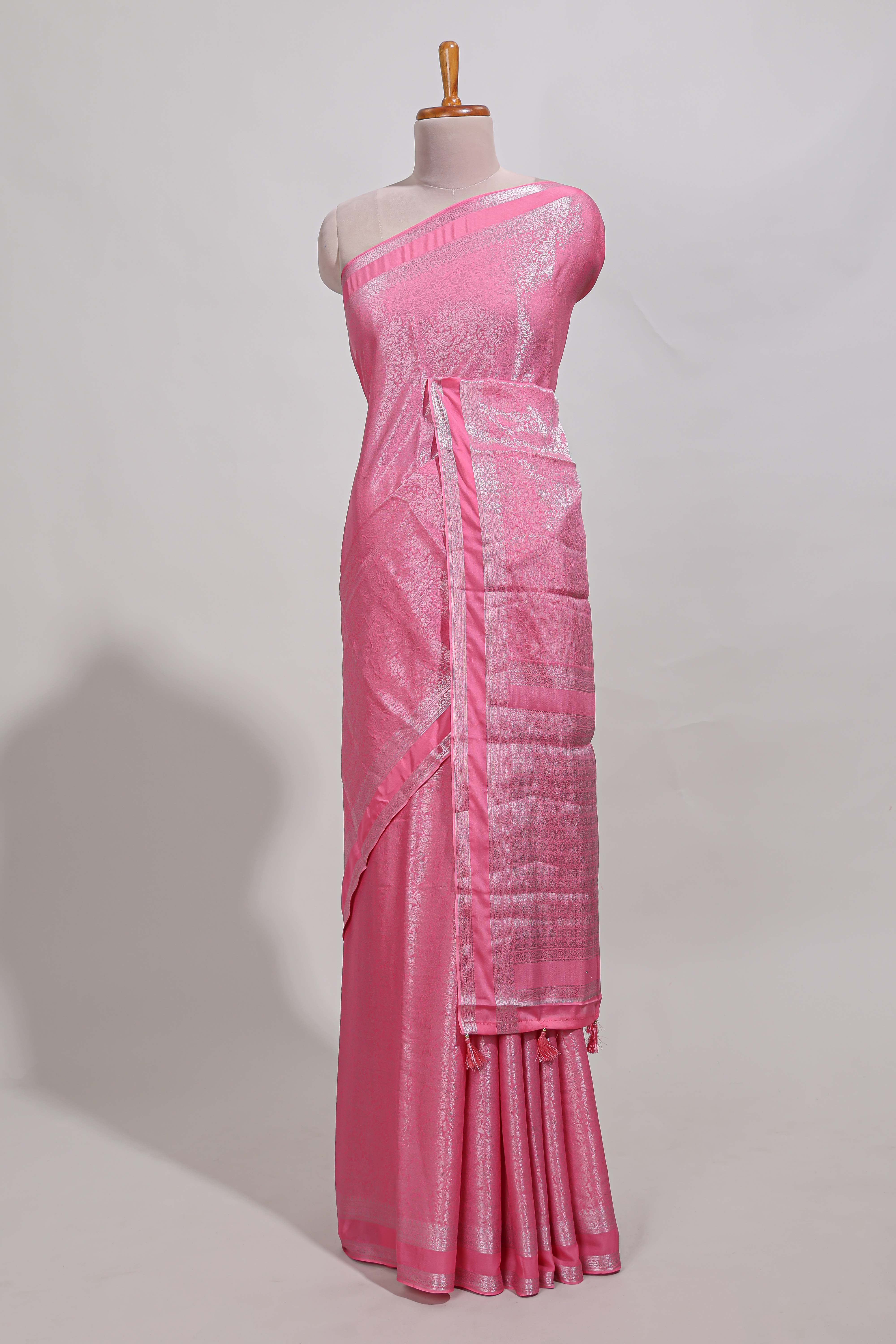 pink art mysore silk saree with retta petta contrast border and rich pallu with plain blouse