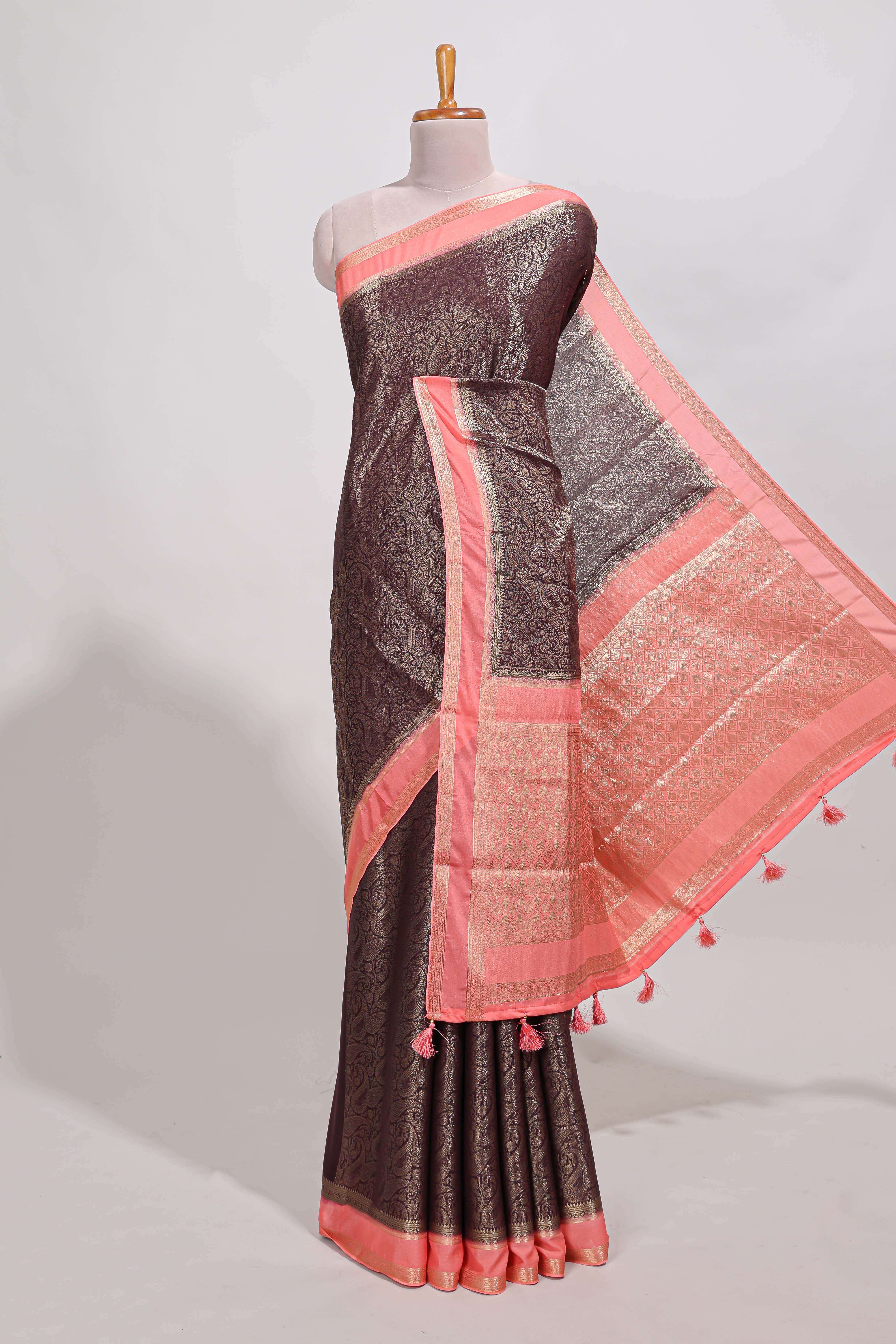 brown art mysore silk saree with retta petta contrast border and rich pallu with plain blouse