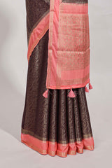 brown art mysore silk saree with retta petta contrast border and rich pallu with plain blouse