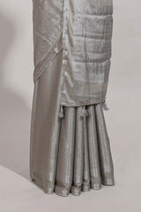 silver art mysore silk saree with retta petta contrast border and rich pallu with plain blouse