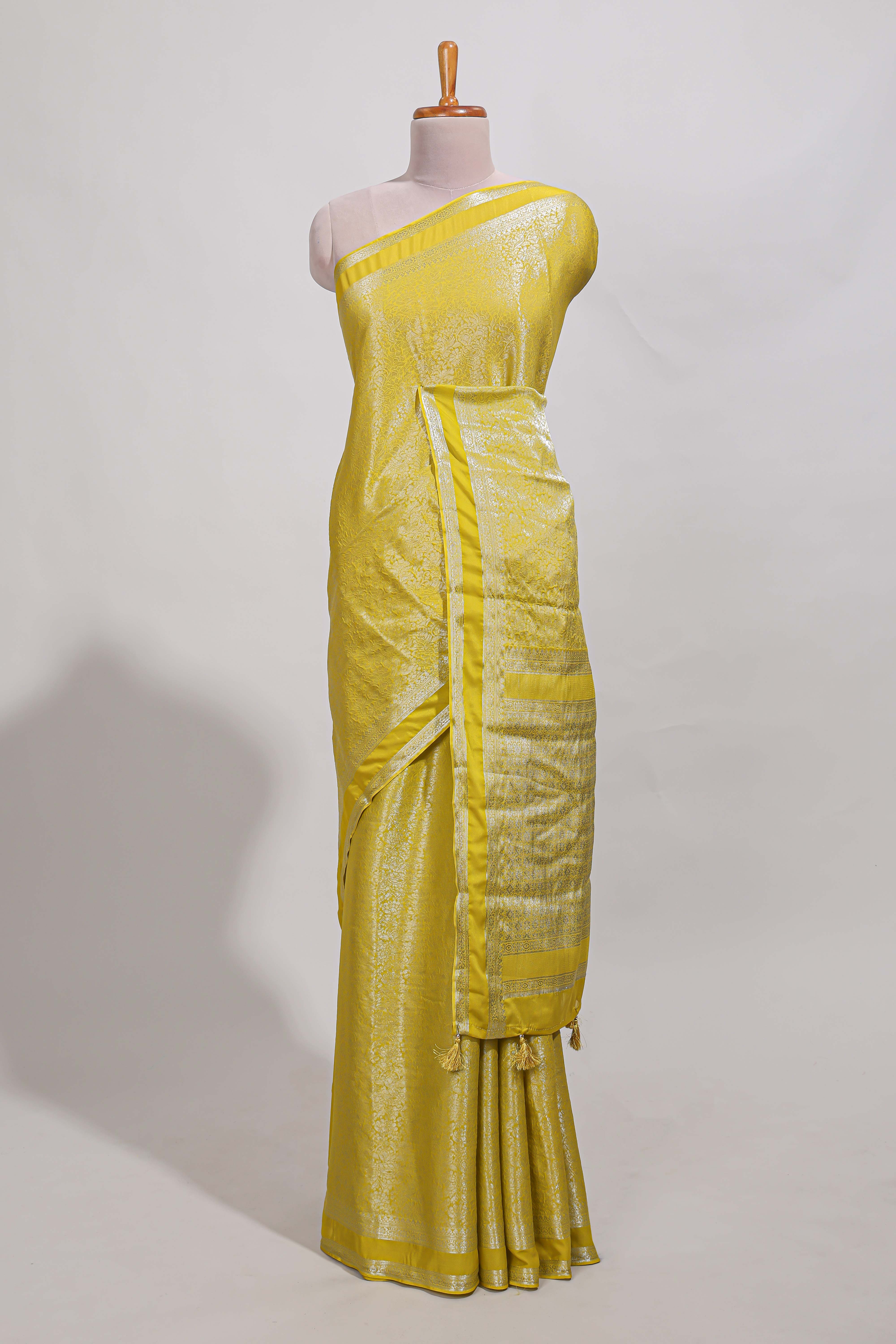 yellow art mysore silk saree with retta petta contrast border and rich pallu with plain blouse