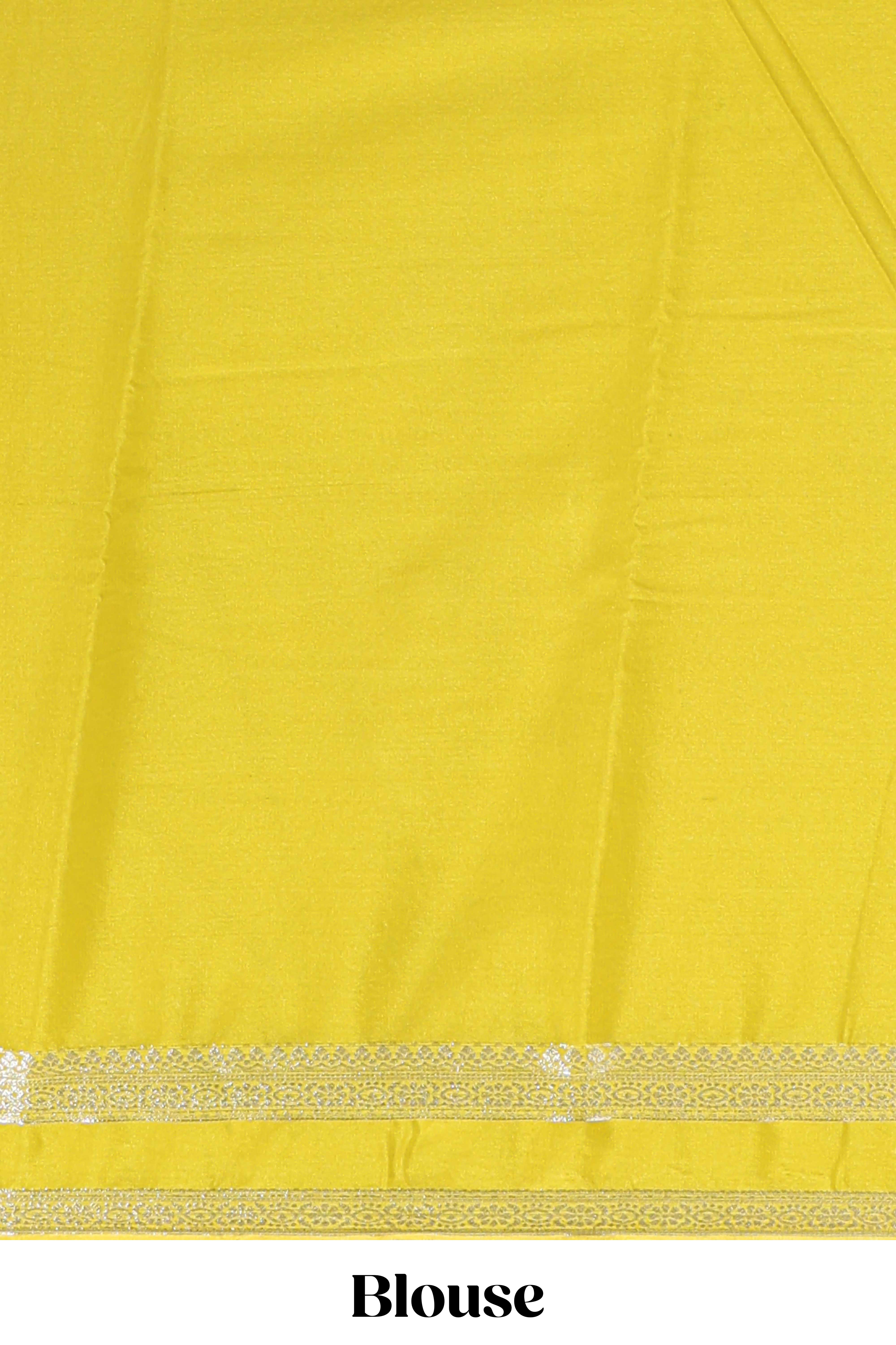 yellow art mysore silk saree with retta petta contrast border and rich pallu with plain blouse
