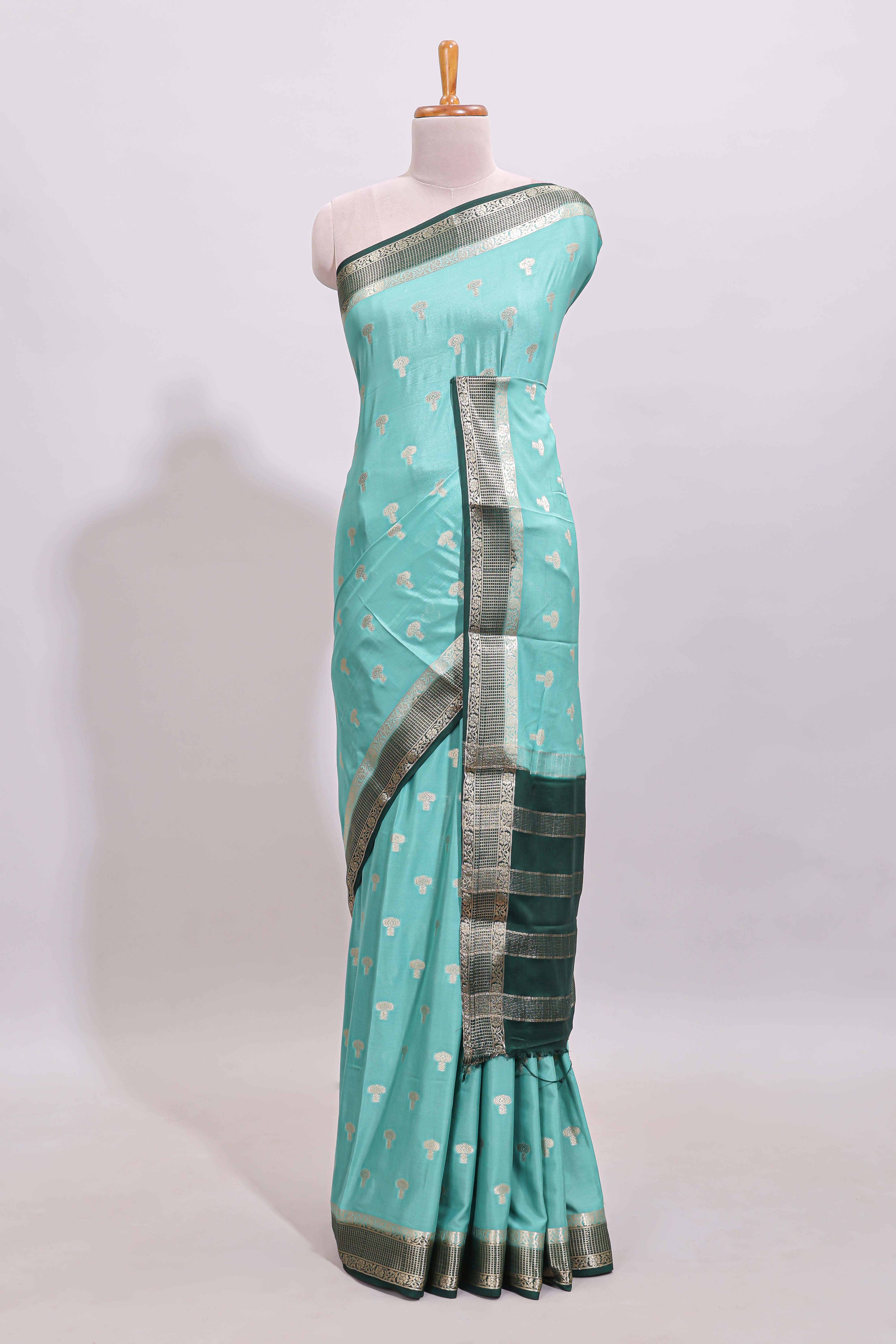Turquoise blue zari butta art mysore silk saree with contrast border andblouse