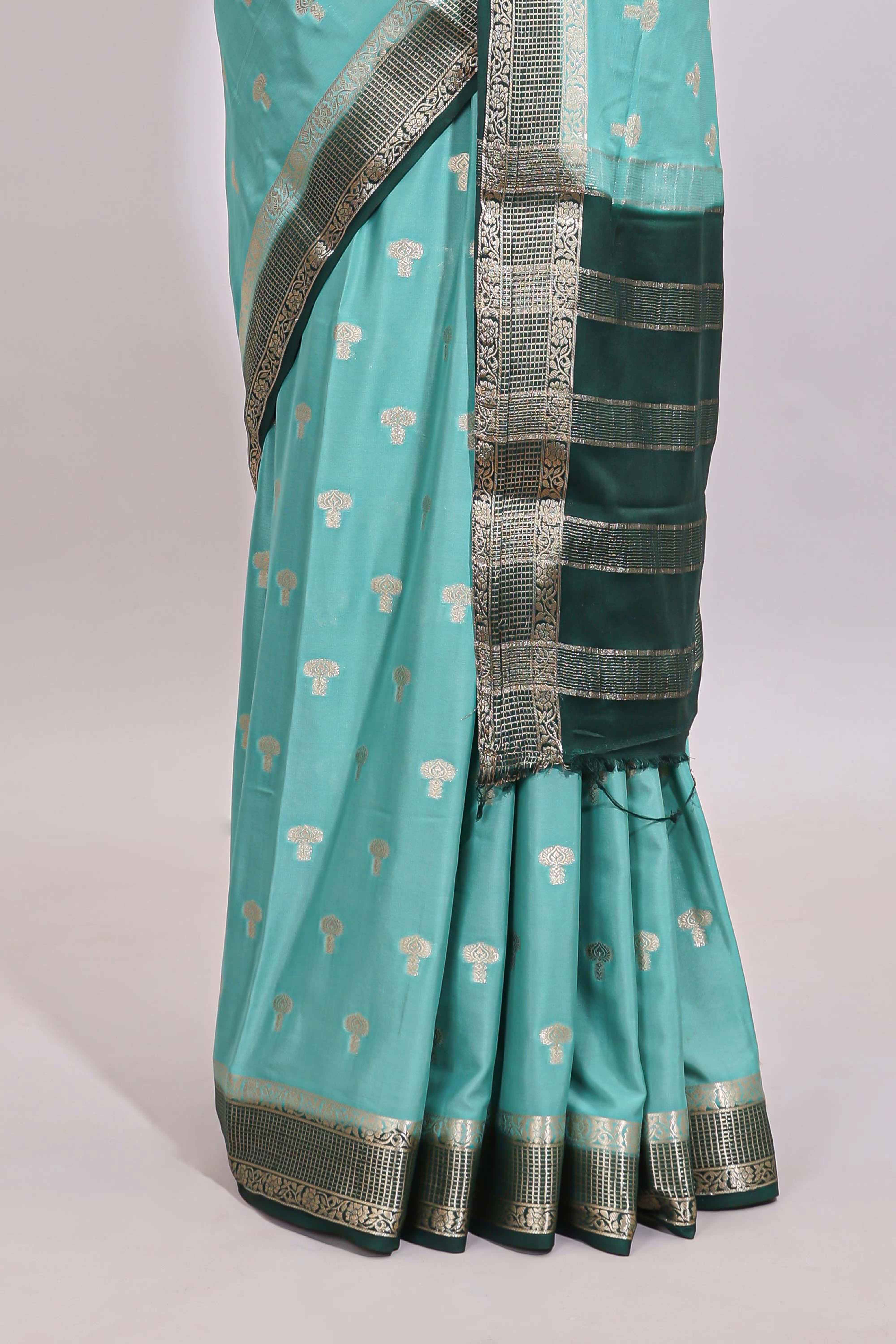Turquoise blue zari butta art mysore silk saree with contrast border andblouse