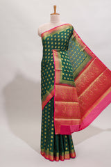 Green floral zari motifs design art mysore silk saree with contrast zari border and blouse