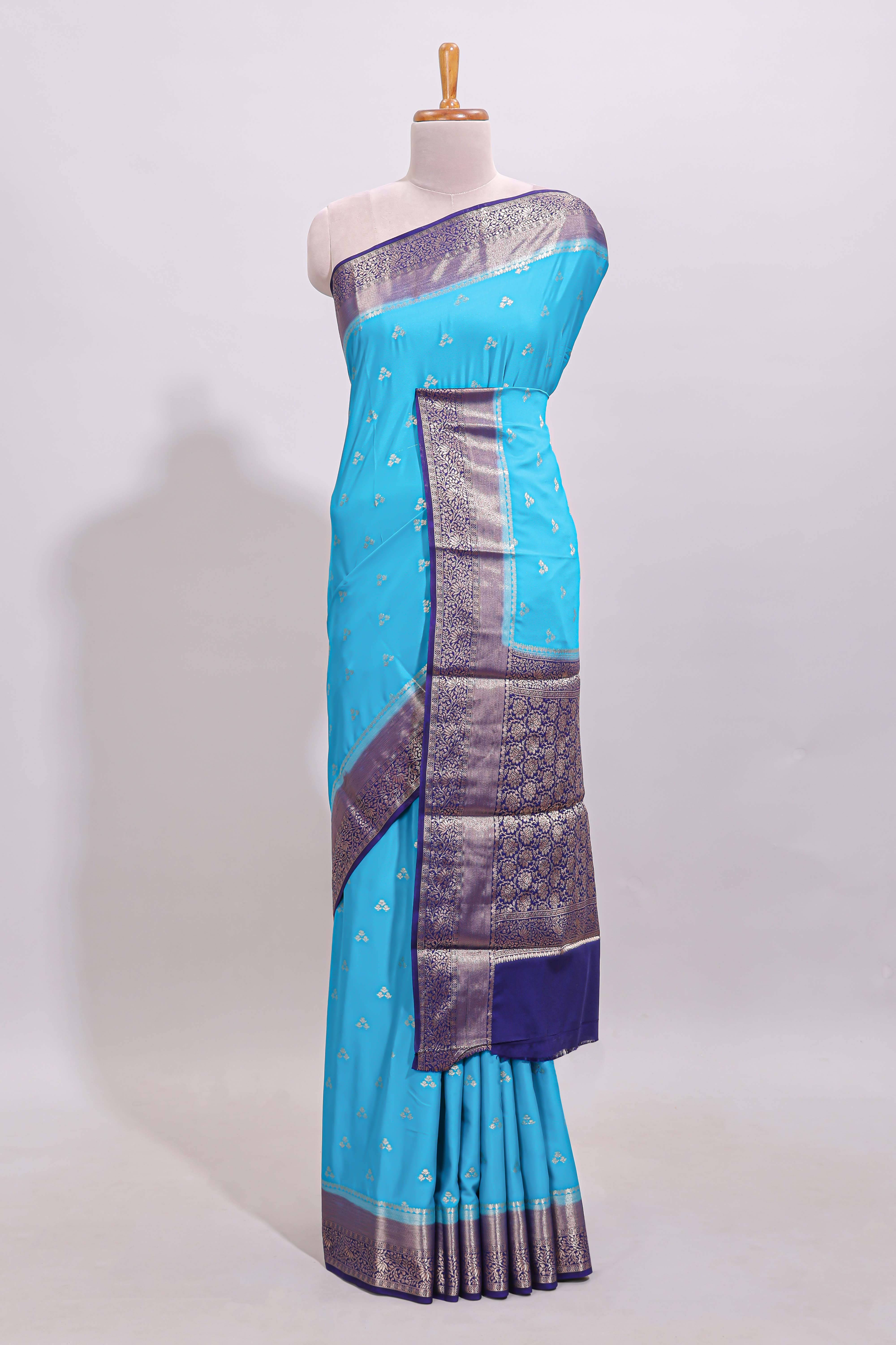 Cyan Blue floral butta motifs art mysore silk saree with contrast zari border and plain blouse