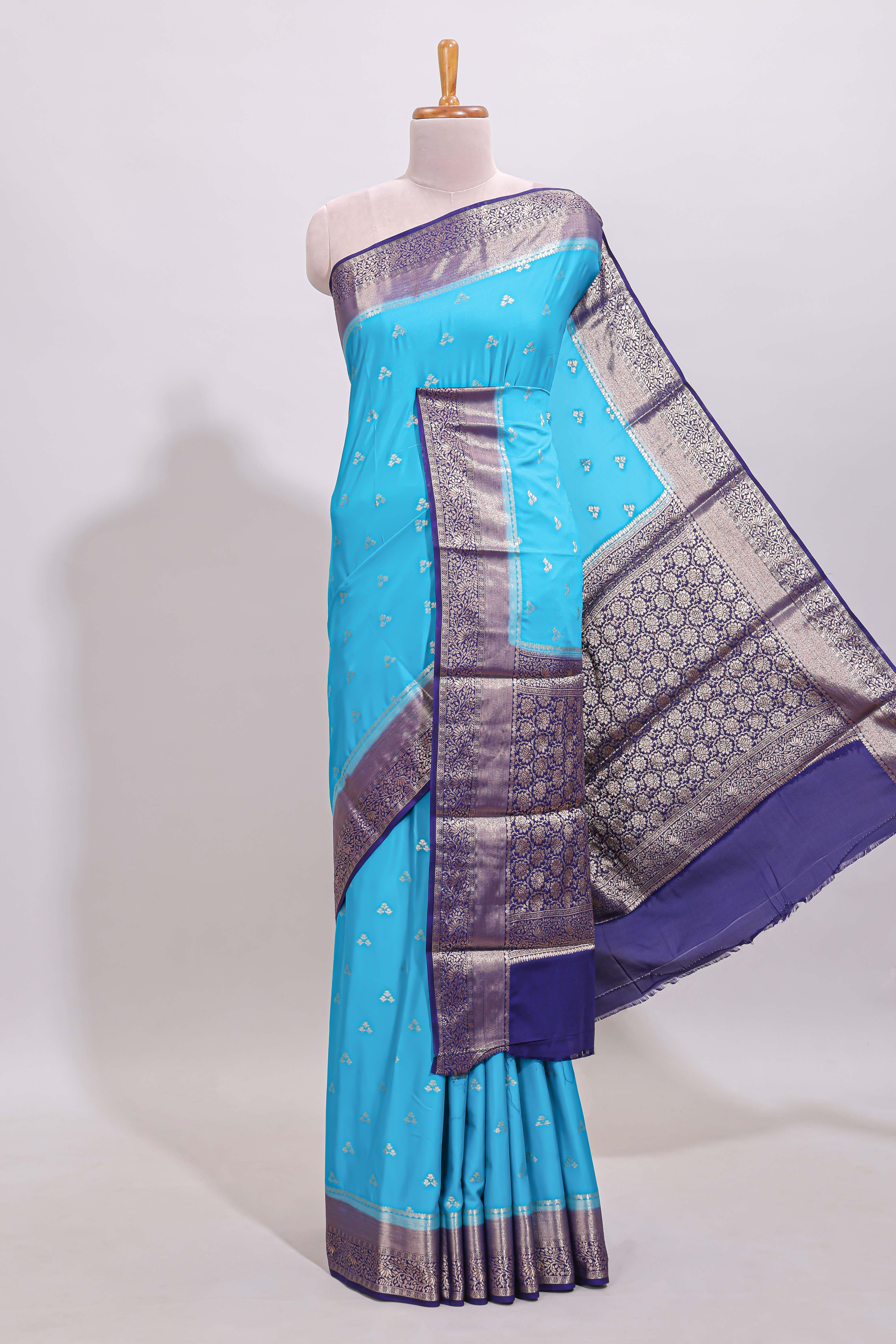 Cyan Blue floral butta motifs art mysore silk saree with contrast zari border and plain blouse