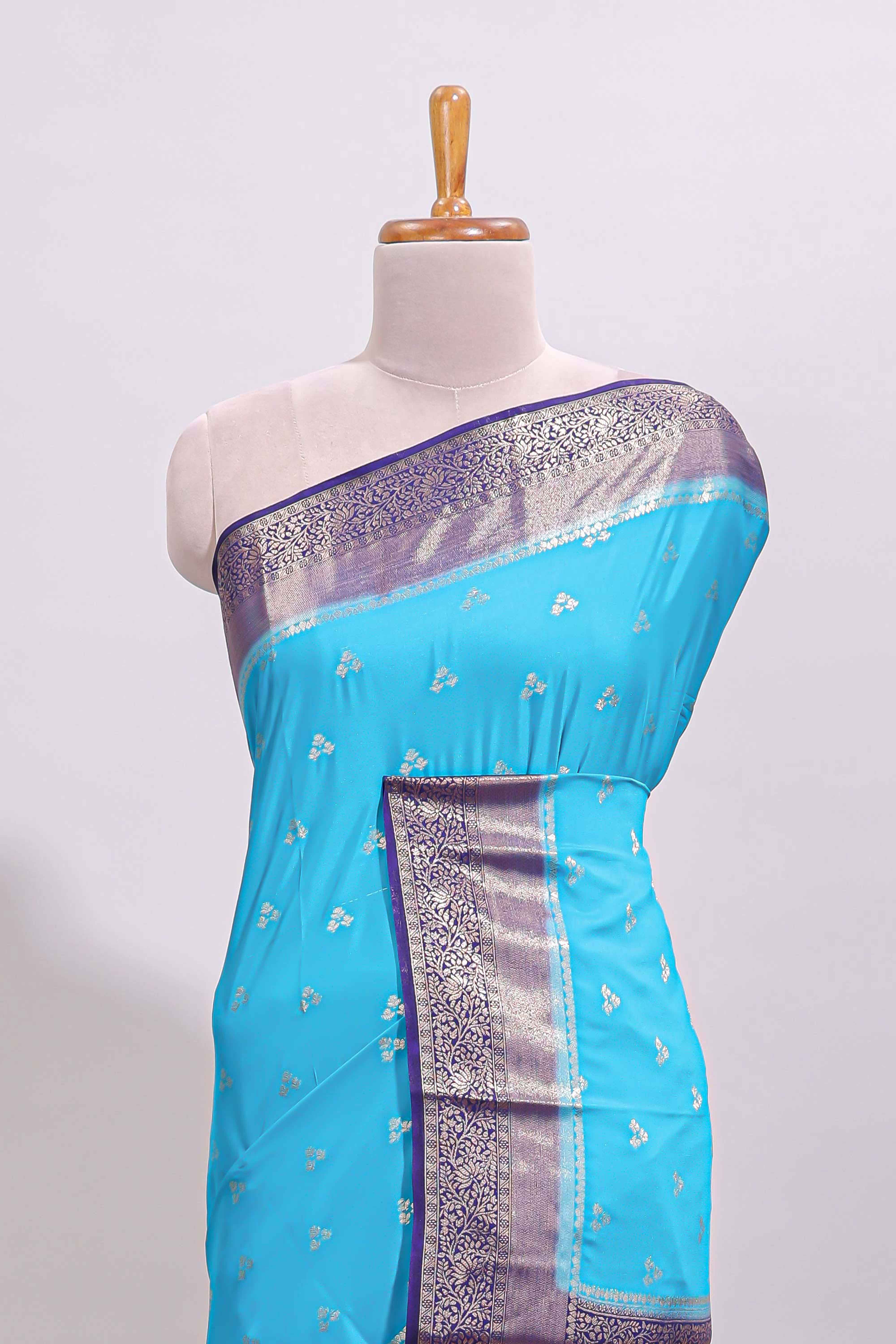 Cyan Blue floral butta motifs art mysore silk saree with contrast zari border and plain blouse