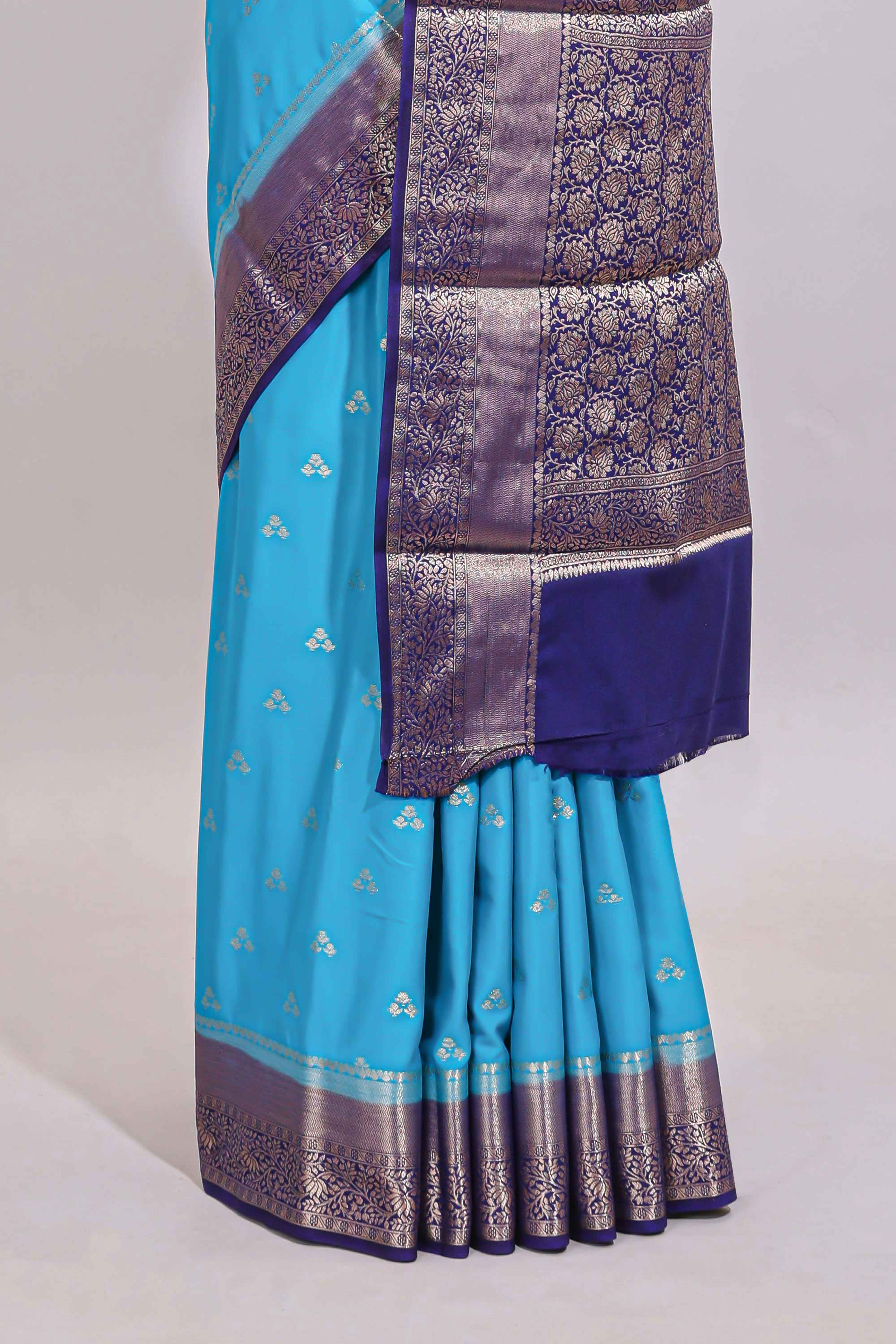 Cyan Blue floral butta motifs art mysore silk saree with contrast zari border and plain blouse