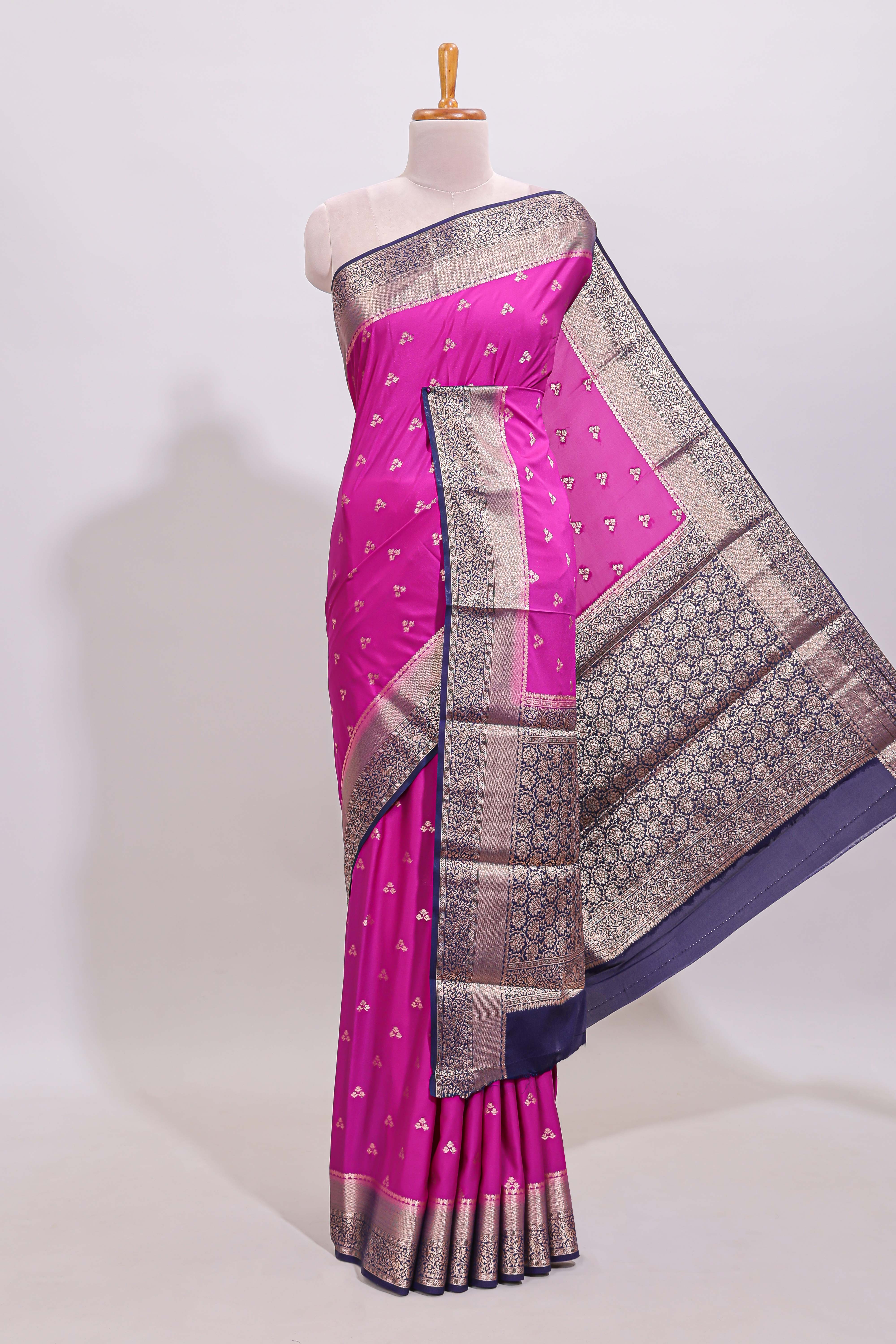 Hot pink floral butta motifs art mysore silk saree with contrast zari border and plain blouse