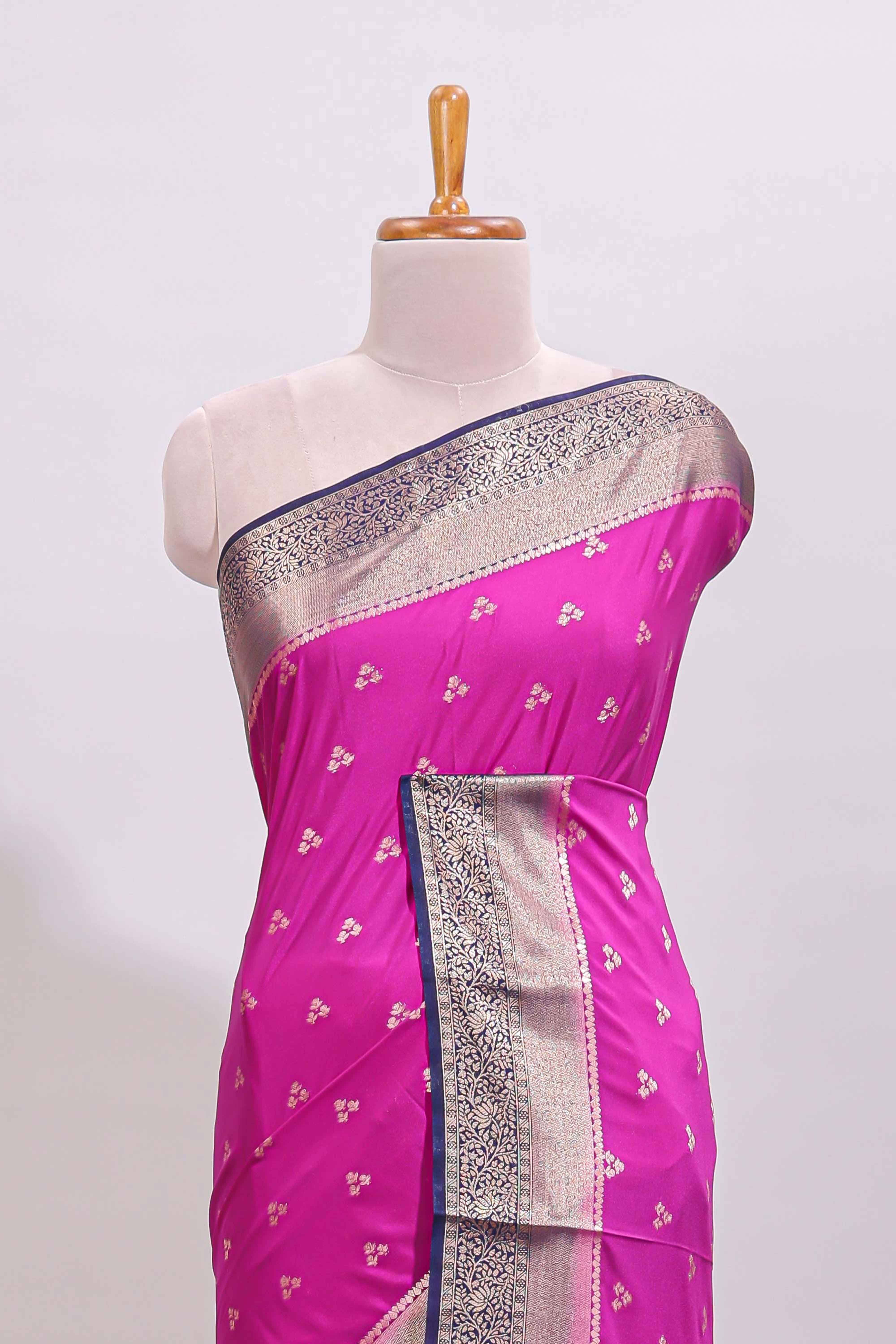 Hot pink floral butta motifs art mysore silk saree with contrast zari border and plain blouse