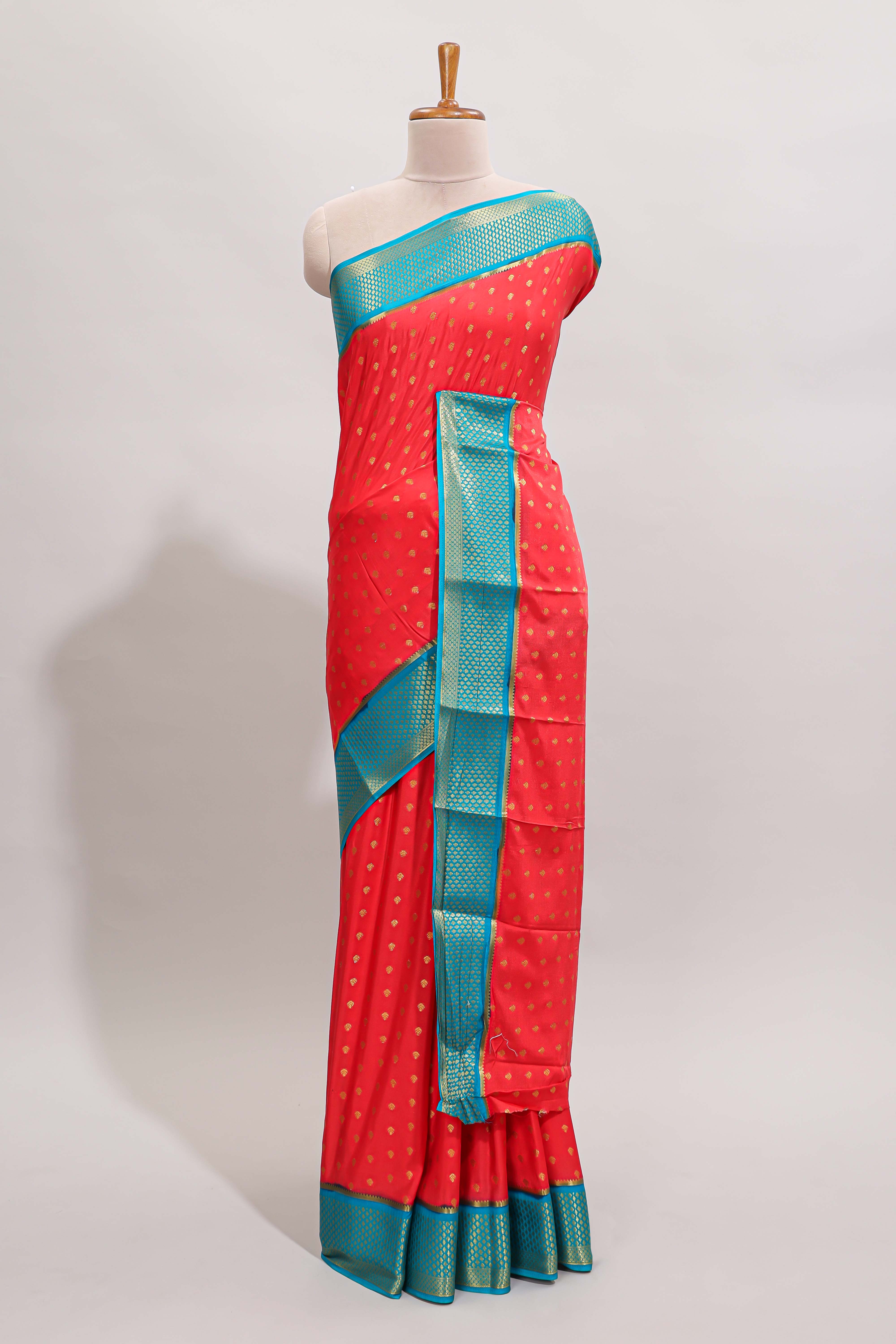 Red zari motifs design art mysore silk saree with contrast zari border and blouse