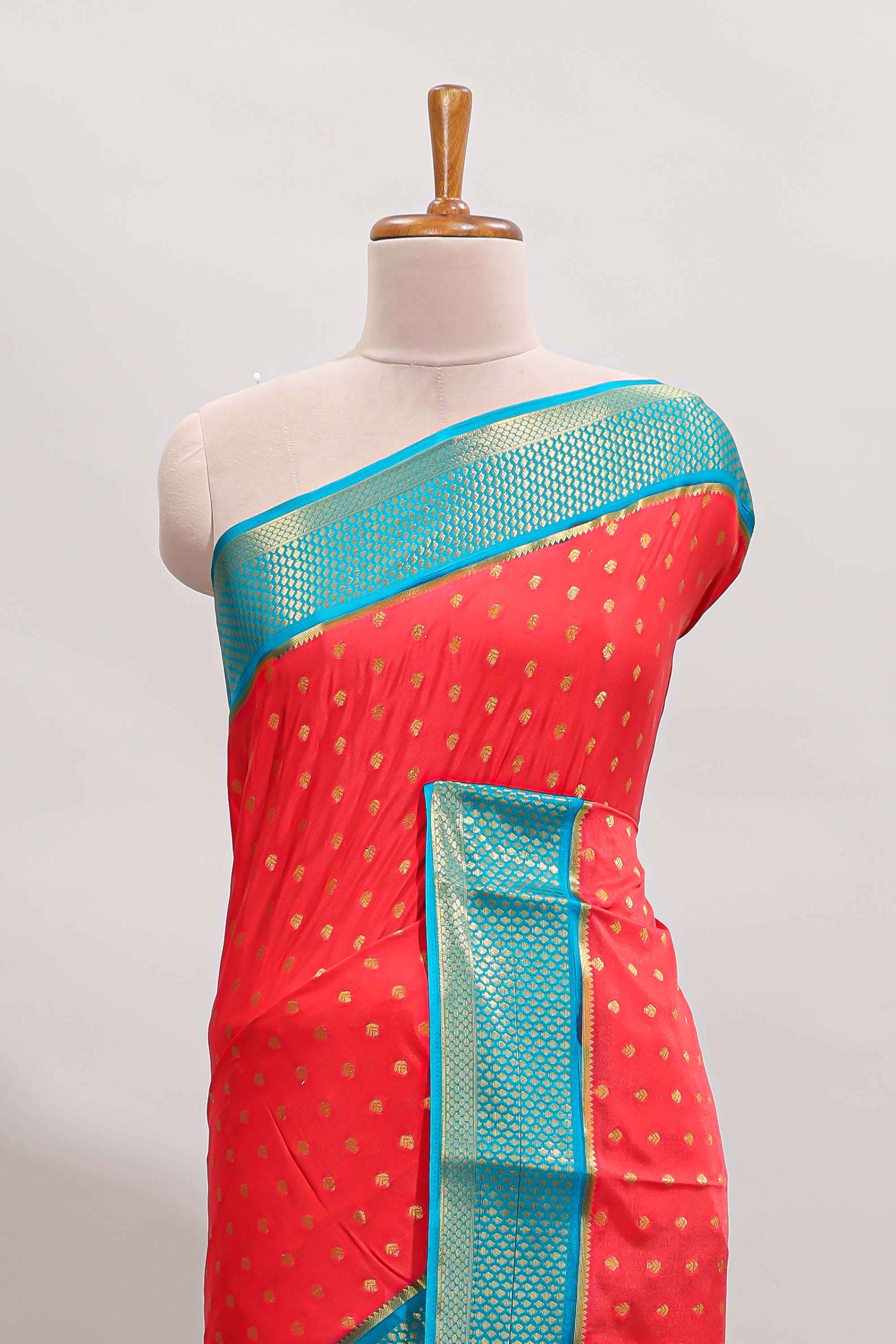 Red zari motifs design art mysore silk saree with contrast zari border and blouse