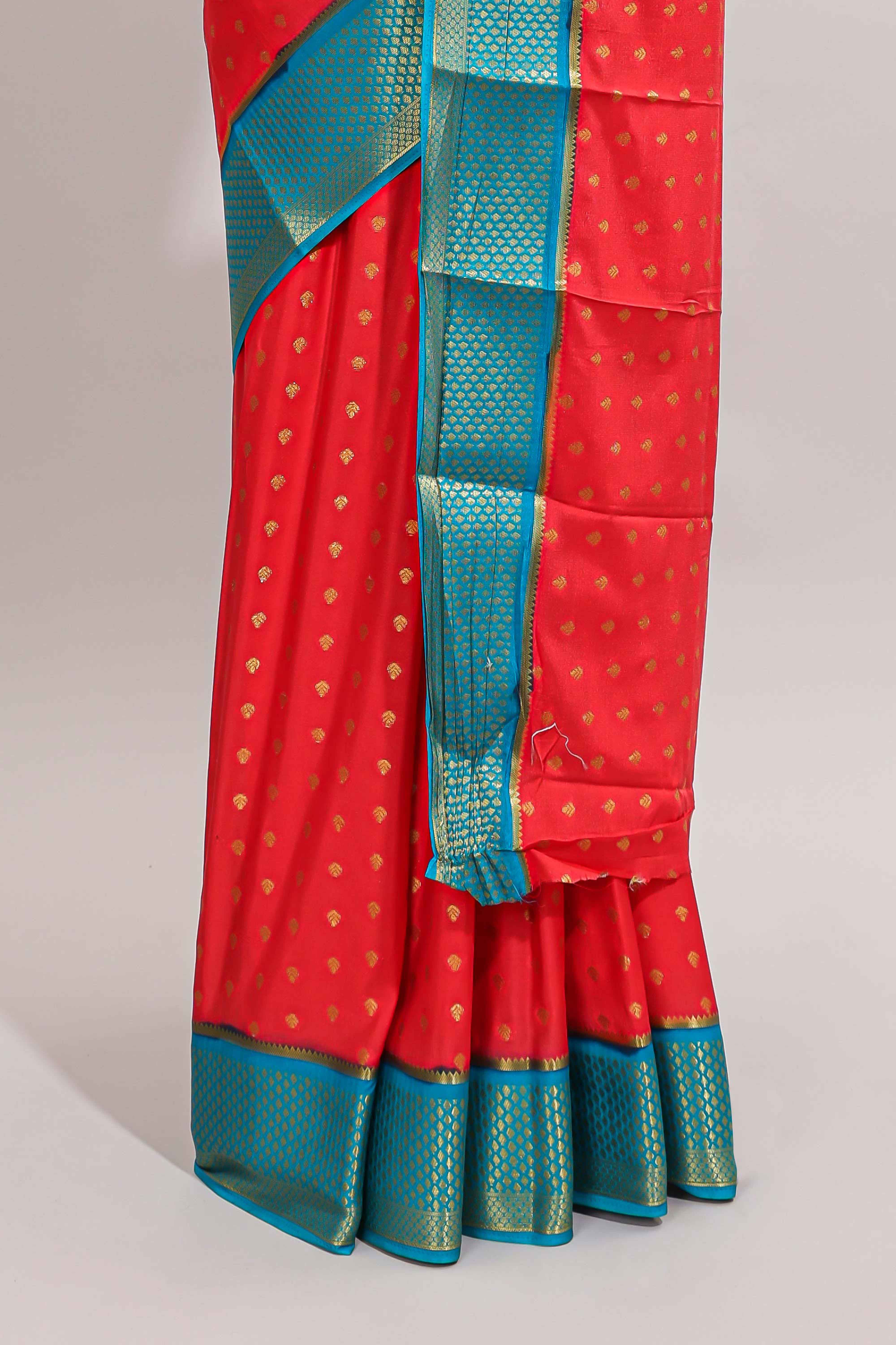 Red zari motifs design art mysore silk saree with contrast zari border and blouse