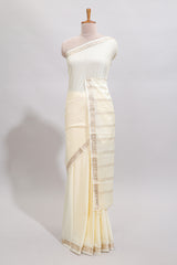 Off white plain art mysore silk saree with self zari border and matching blouse