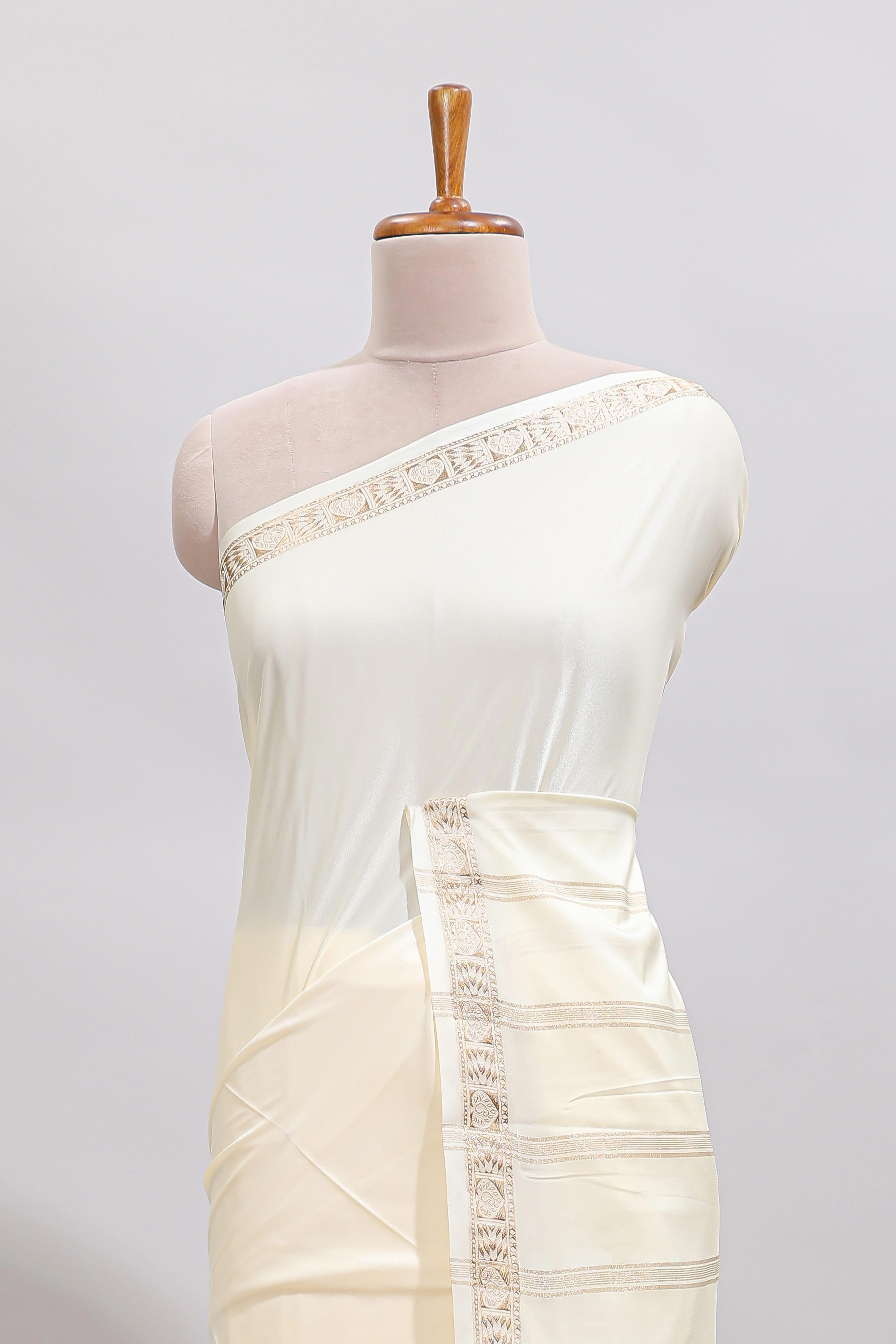 Off white plain art mysore silk saree with self zari border and matching blouse