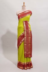 Green checked art mysore silk saree with contrast zari border and blouse