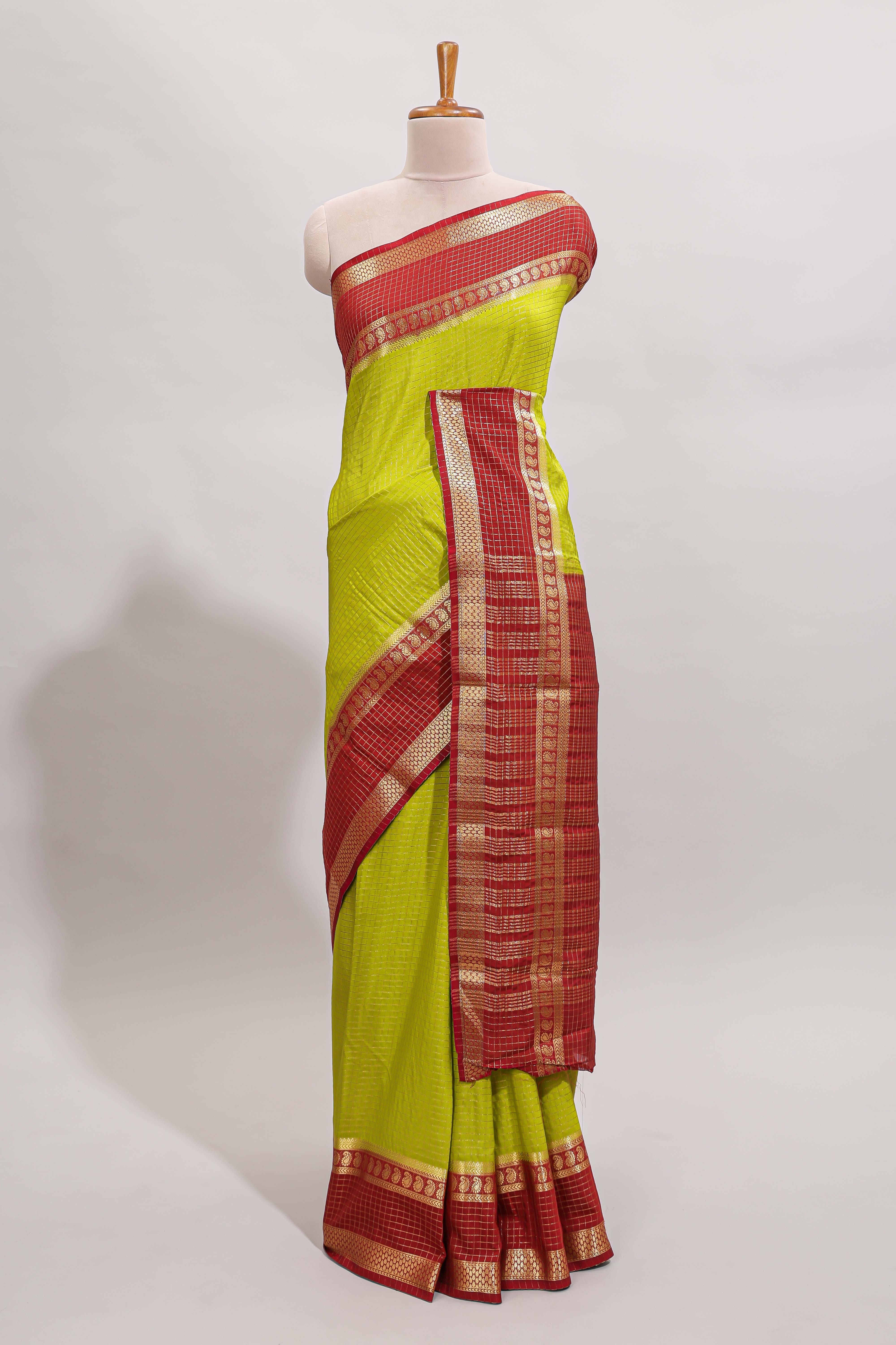 Green checked art mysore silk saree with contrast zari border and blouse