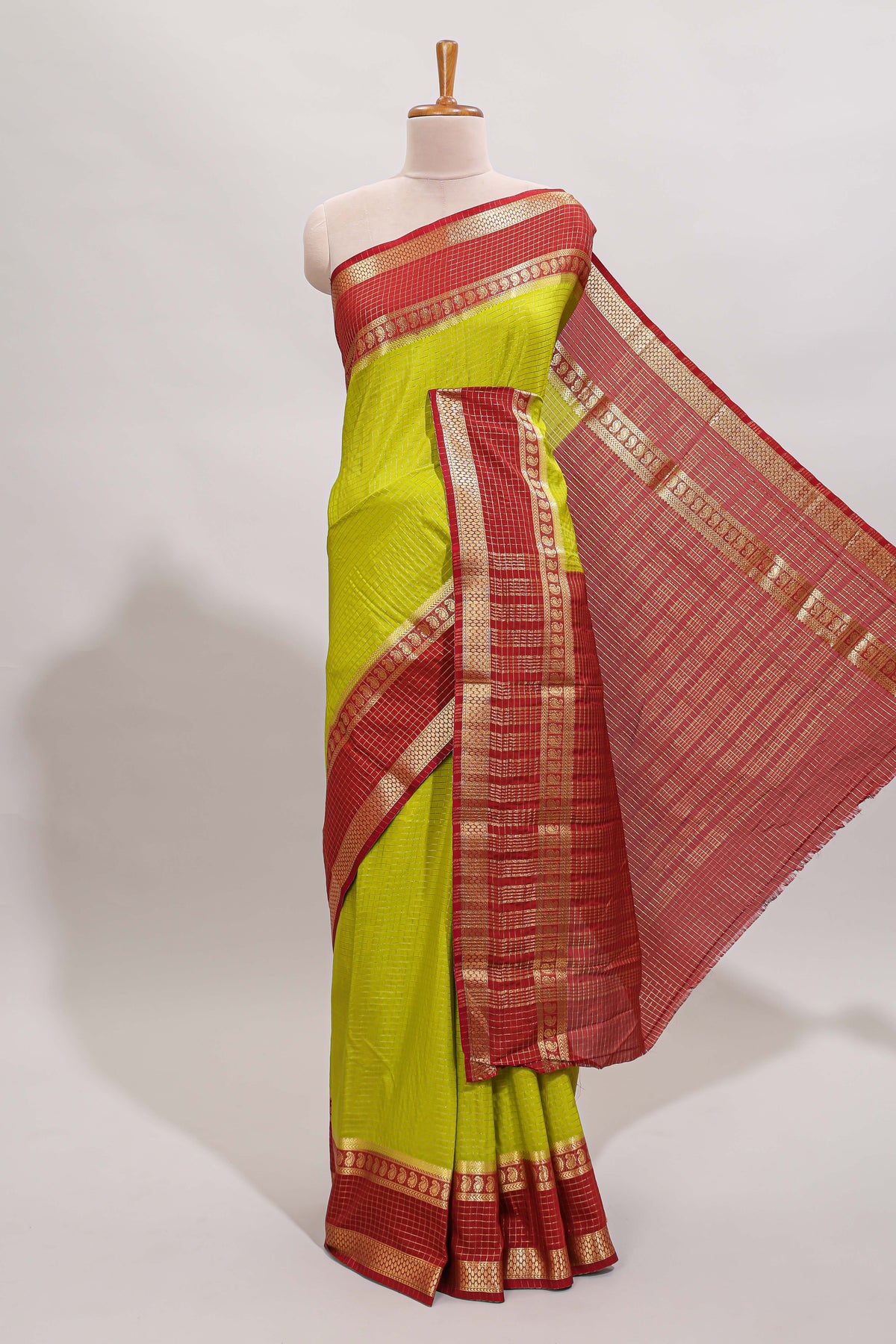 Green checked art mysore silk saree with contrast zari border and blouse