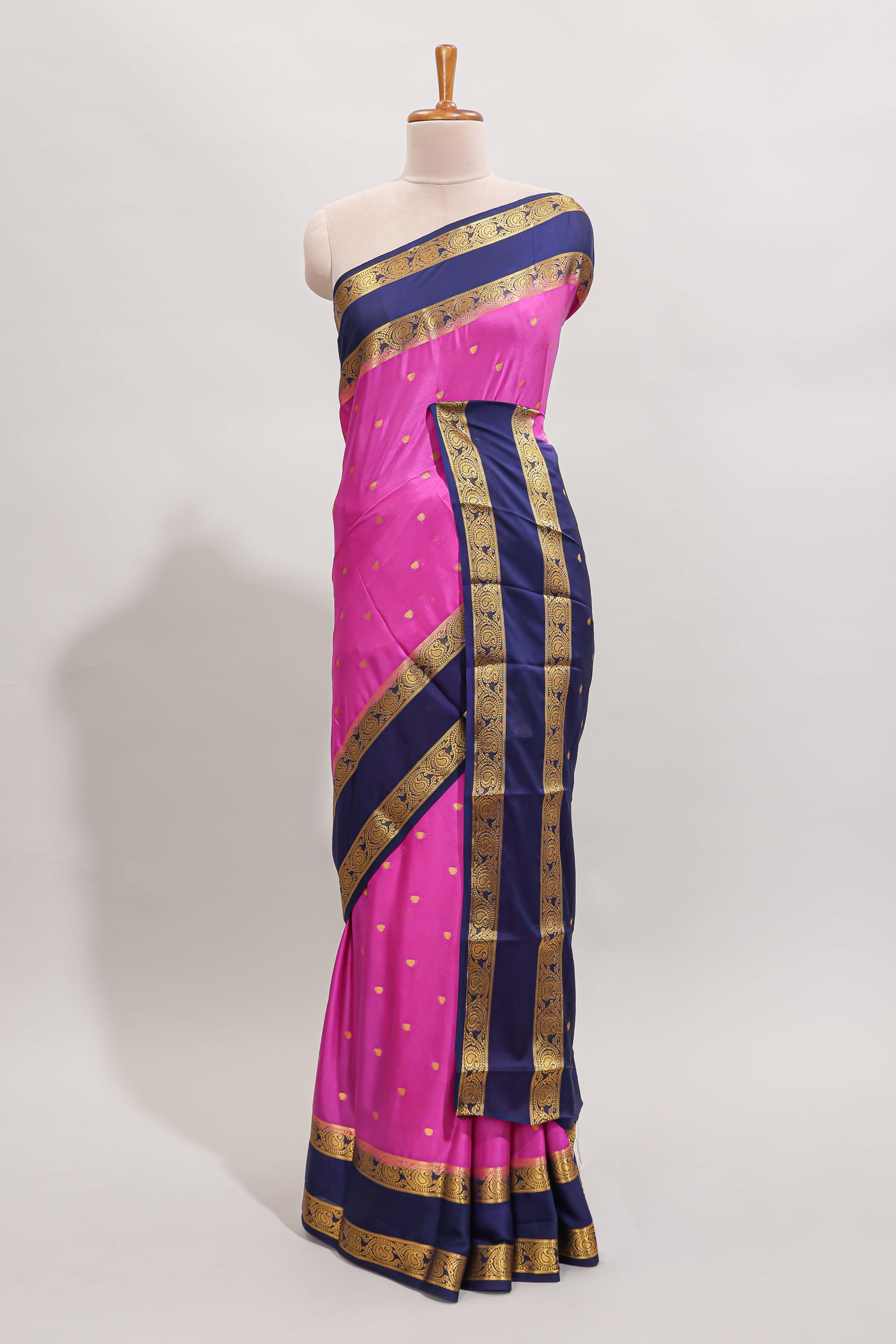 Magenta butta designed art mysore silk saree with contrast zari border and blouse
