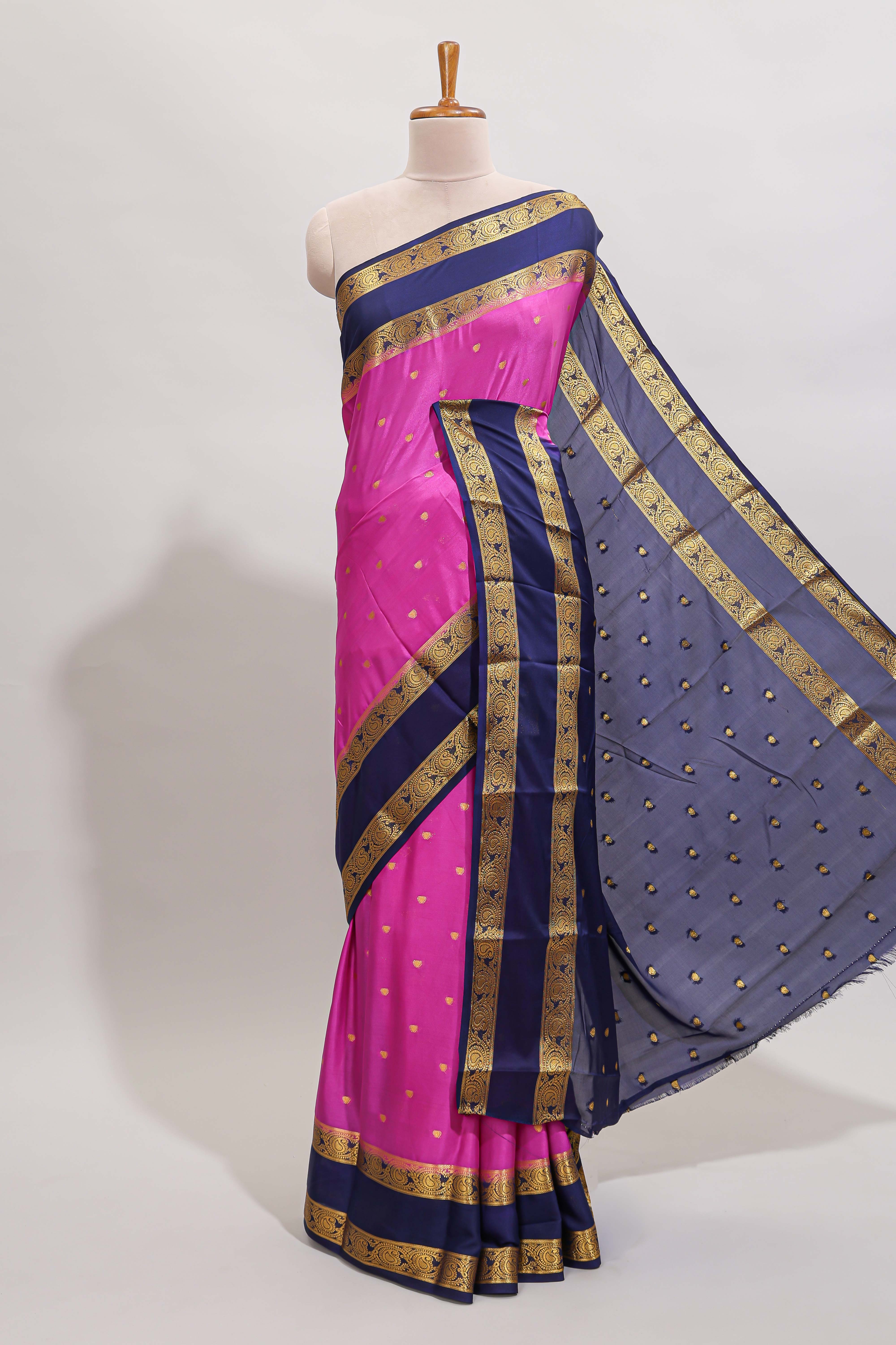 Magenta butta designed art mysore silk saree with contrast zari border and blouse