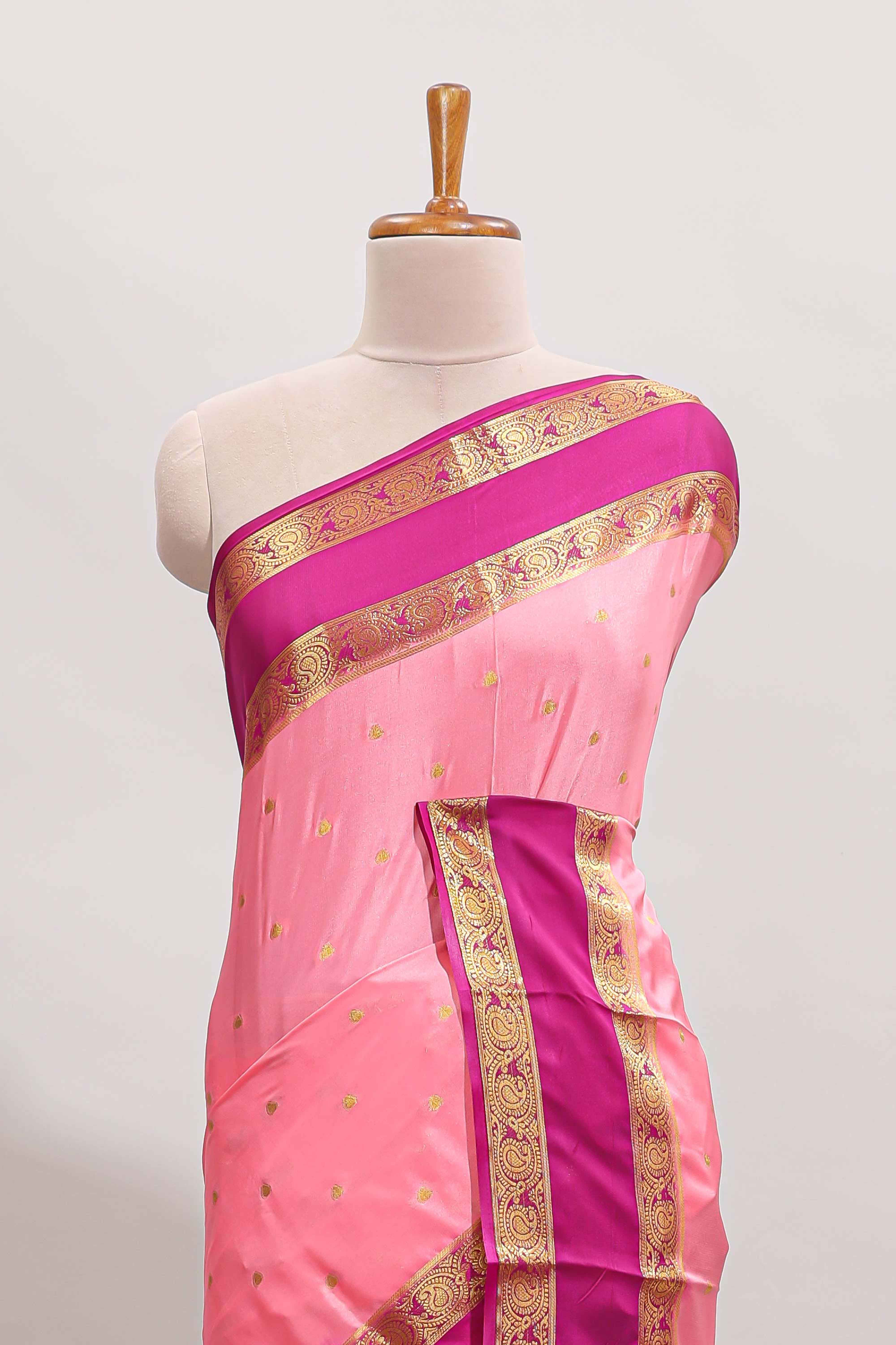 Peach butta designed art mysore silk saree with contrast zari border and blouse