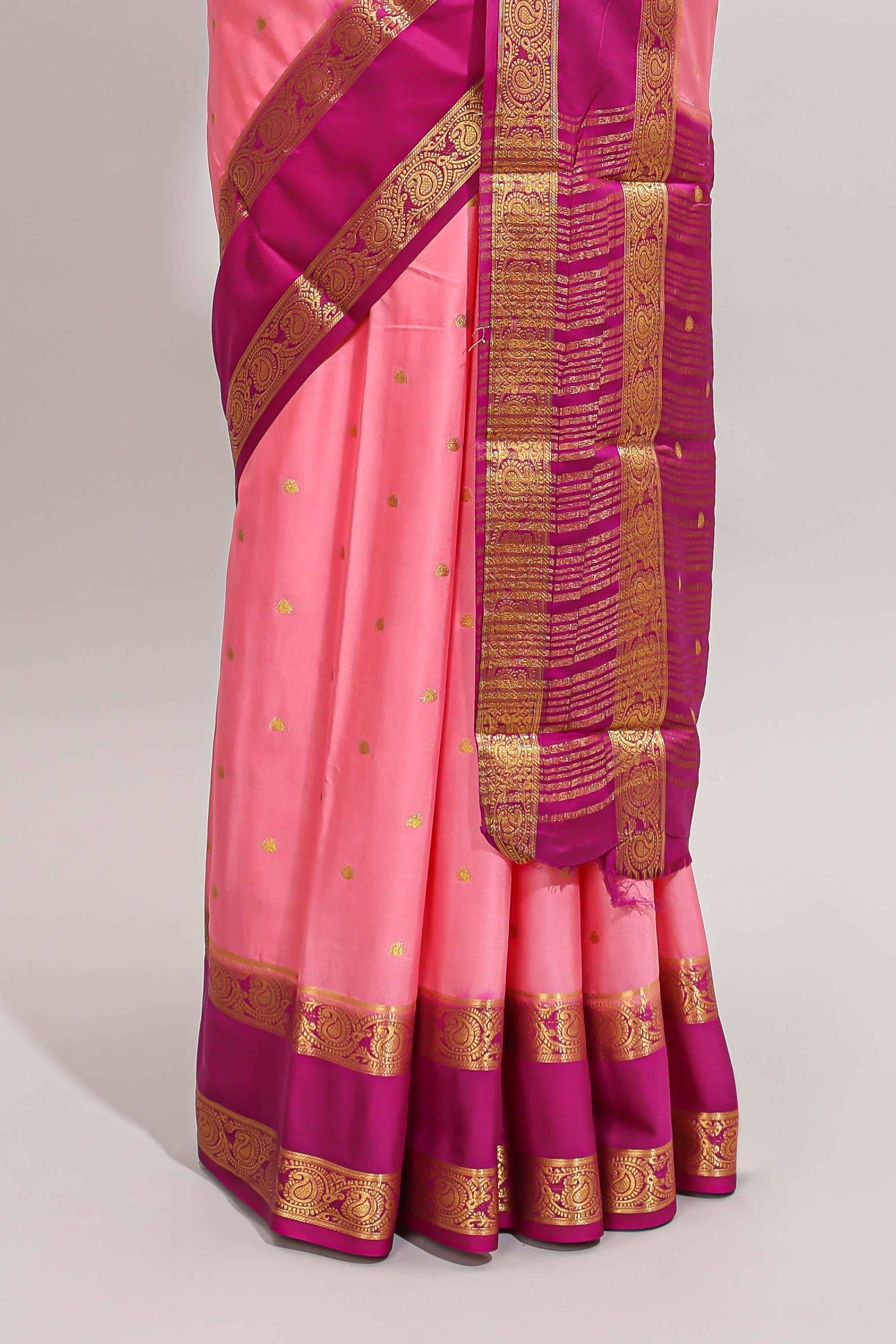 Peach butta designed art mysore silk saree with contrast zari border and blouse