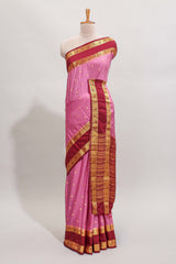 Pink butta designed art mysore silk saree with contrast zari border and blouse