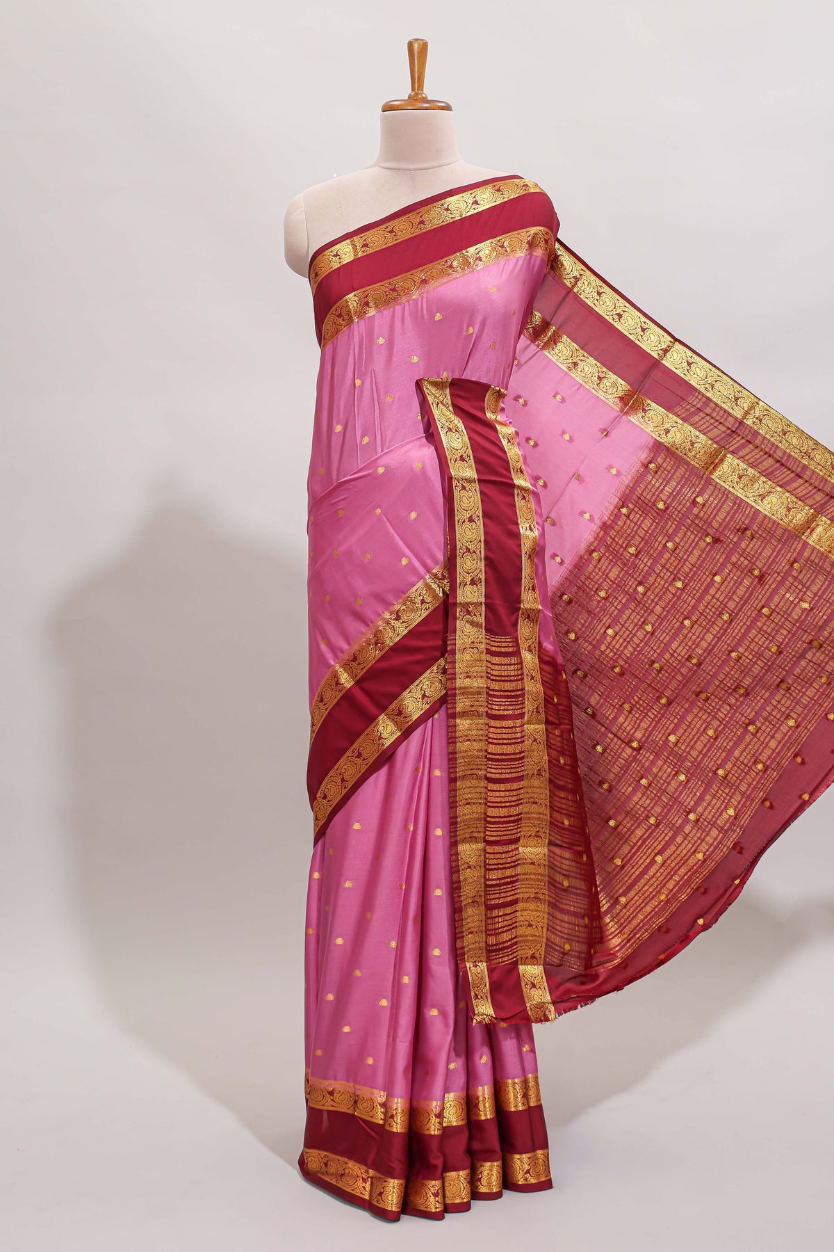 Pink butta designed art mysore silk saree with contrast zari border and blouse