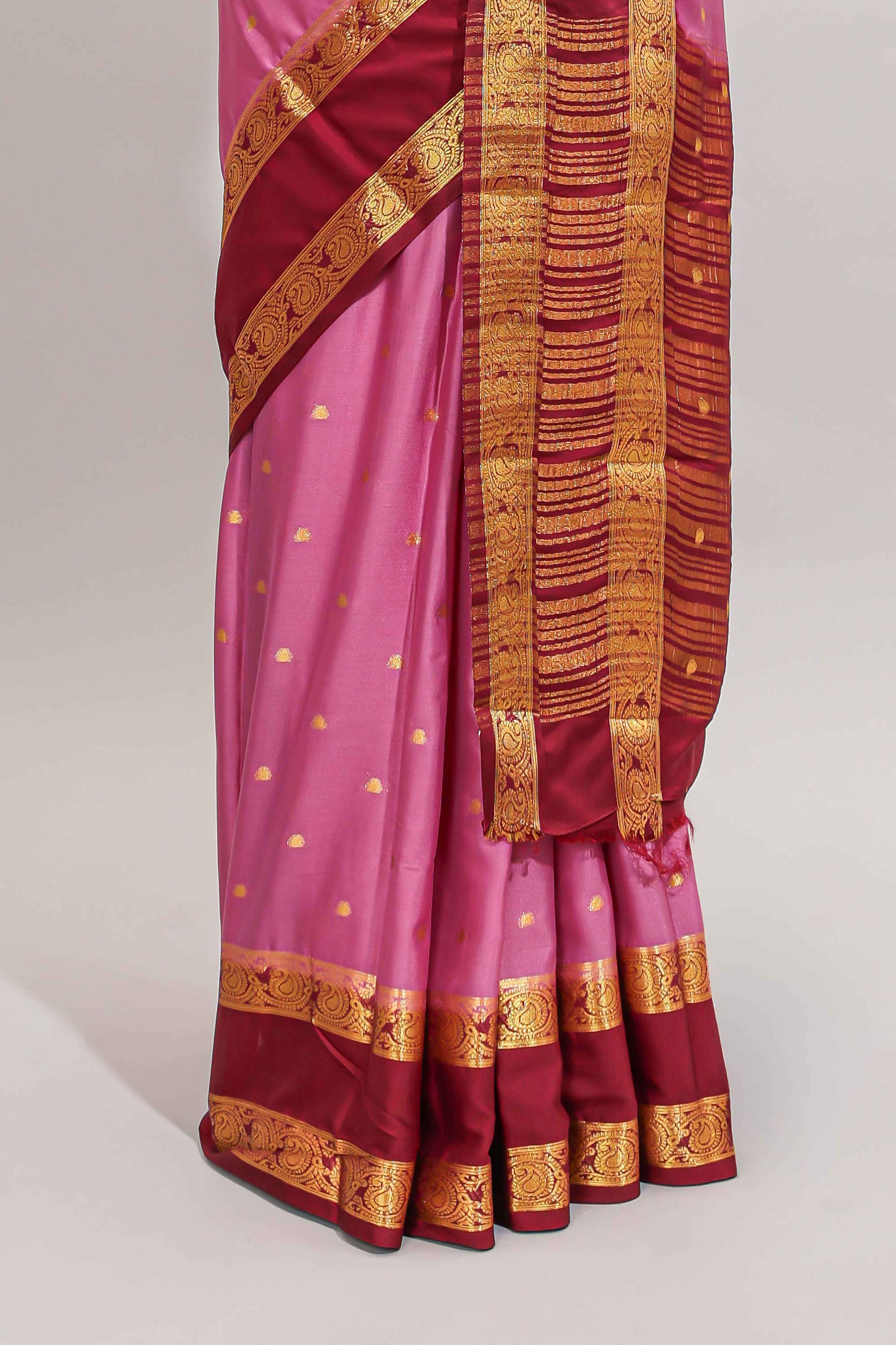 Pink butta designed art mysore silk saree with contrast zari border and blouse