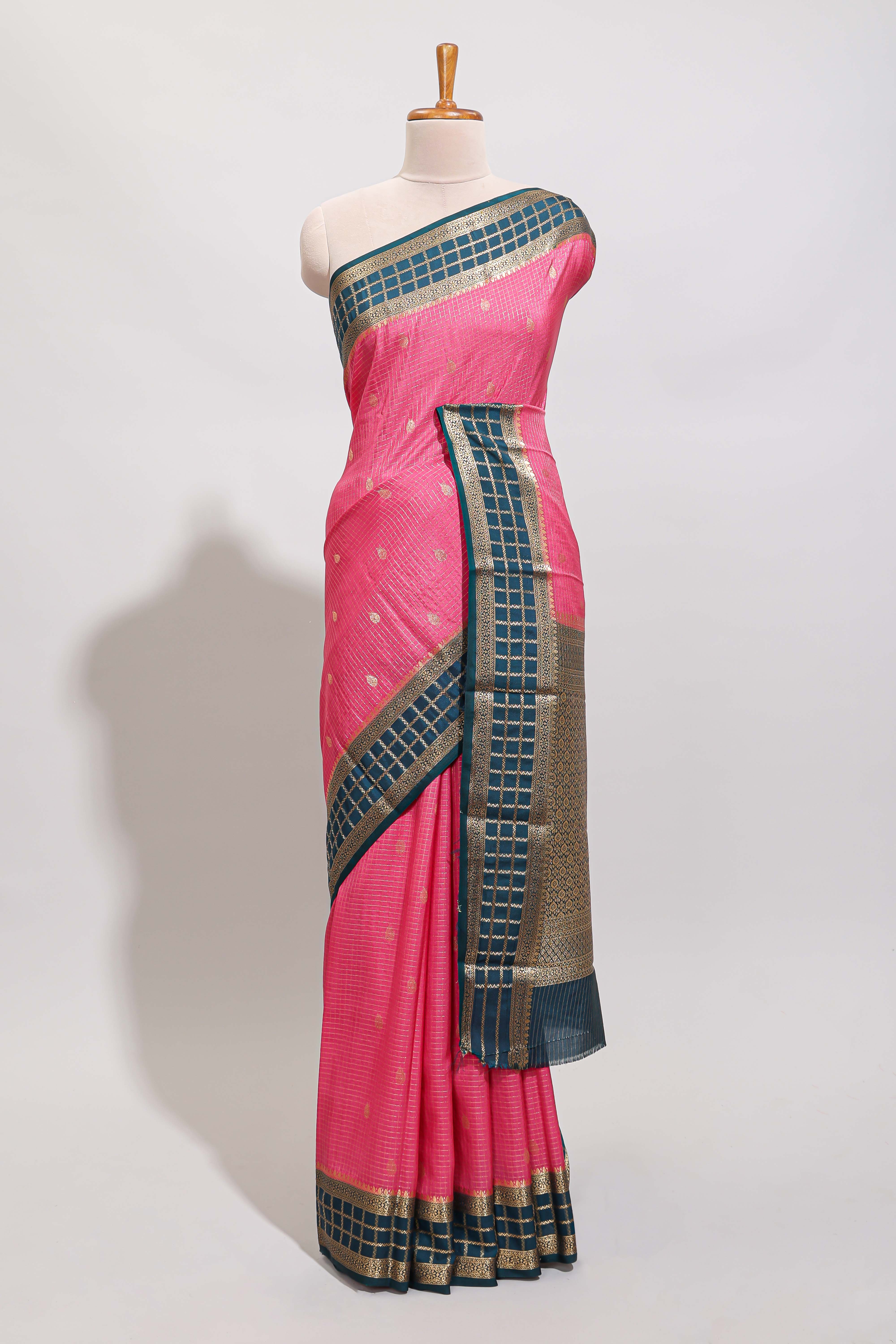 Pink checked zari motifs art mysore silk saree with contrast zari border and checked blouse