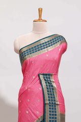Pink checked zari motifs art mysore silk saree with contrast zari border and checked blouse