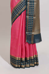 Pink checked zari motifs art mysore silk saree with contrast zari border and checked blouse